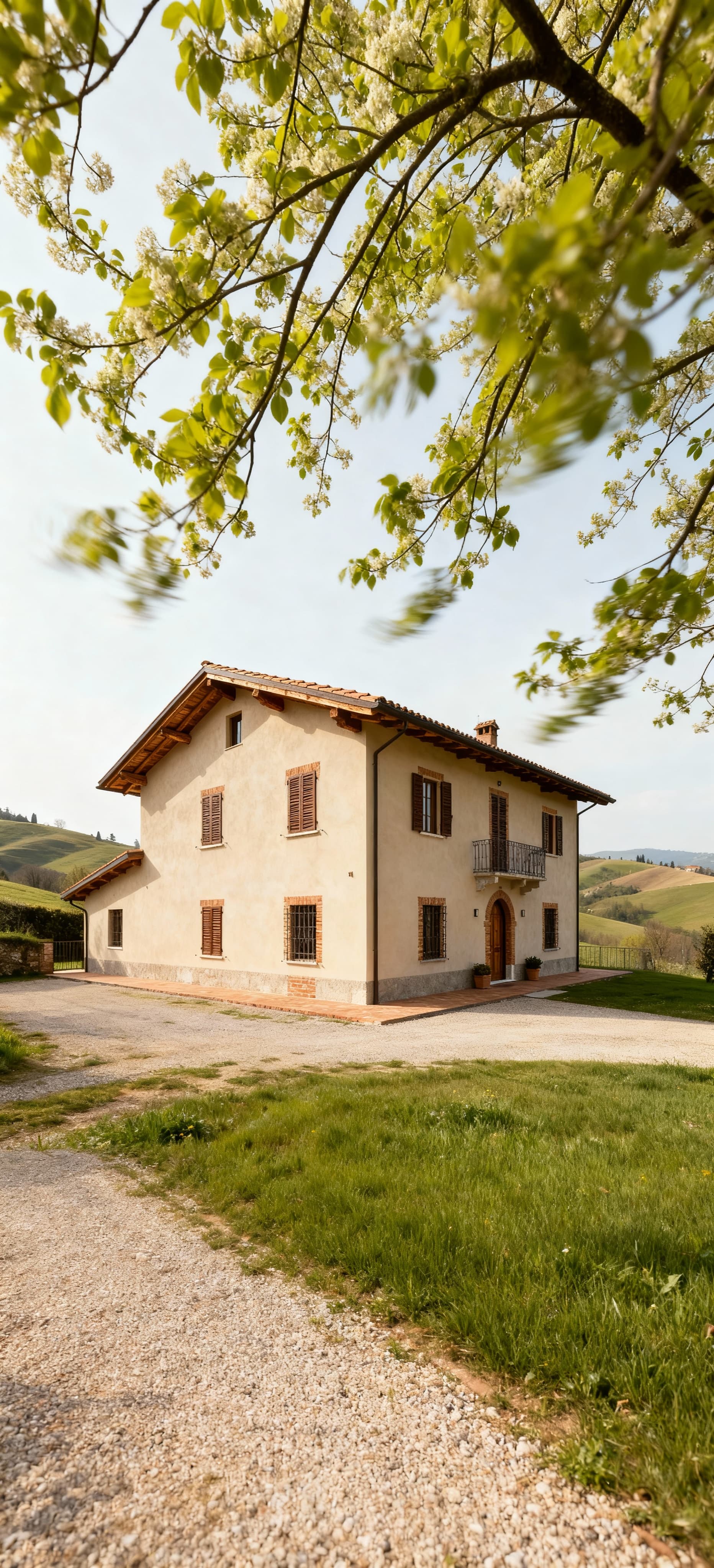 Rustico in vendita in provincia di Piacenza, immerso nelle colline, con travi in legno e dettagli in cotto, atmosfera calma e accogliente.