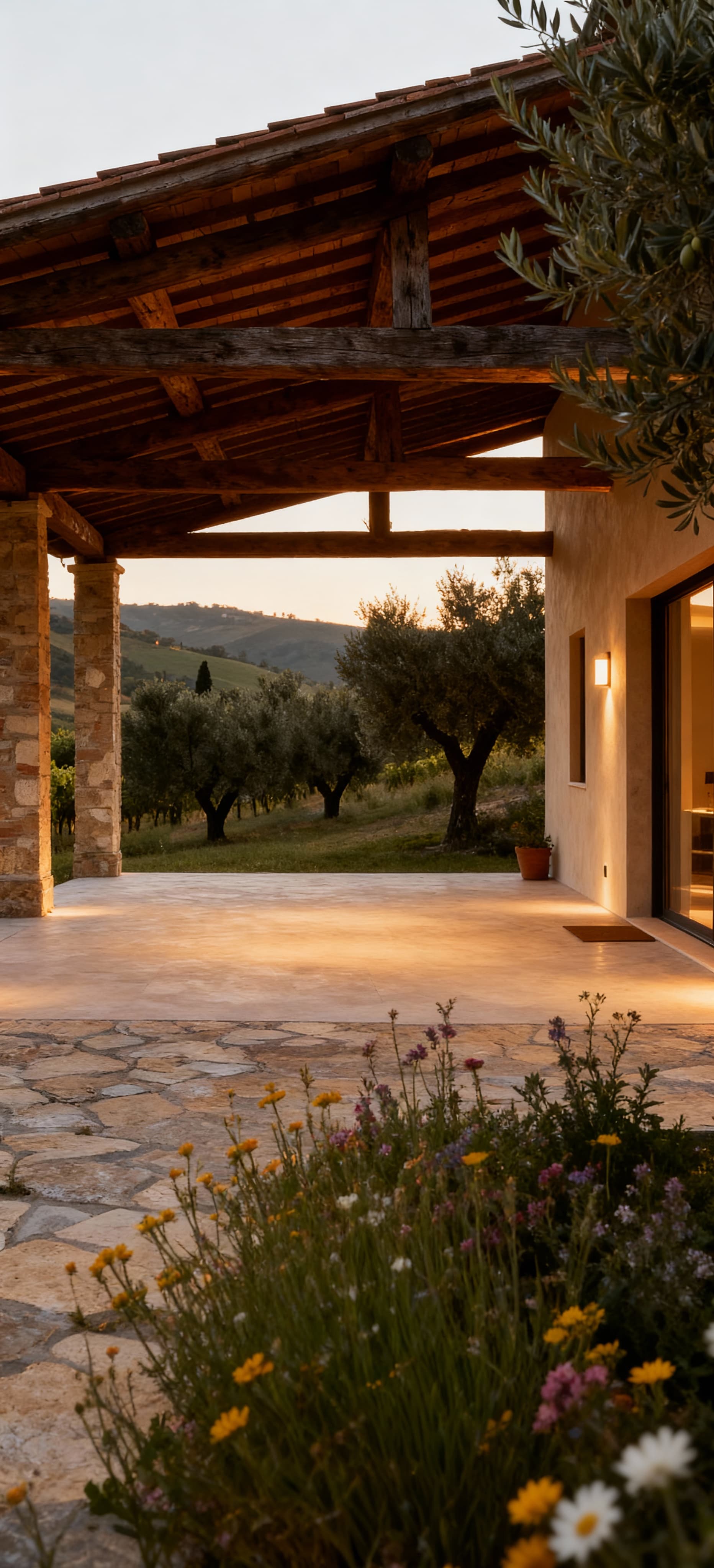 Rustico ristrutturato con travi a vista tra i vigneti della Franciacorta, circondato da uliveti e fiori selvatici.