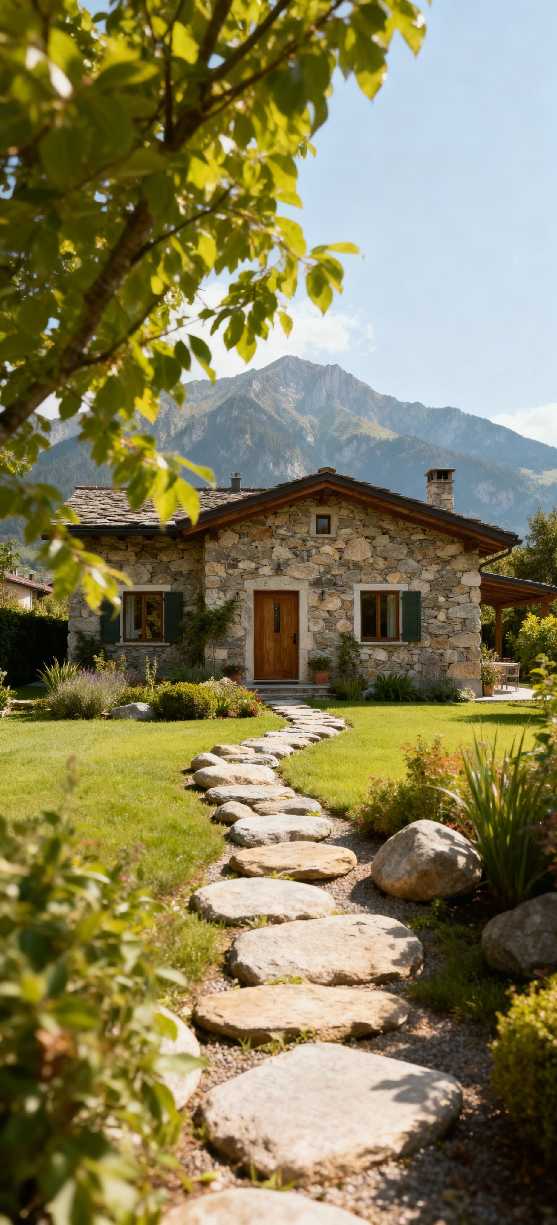 Casa indipendente in vendita a Bolzano, circondata da un giardino fiorito e con i monti sullo sfondo in una scena tranquilla.