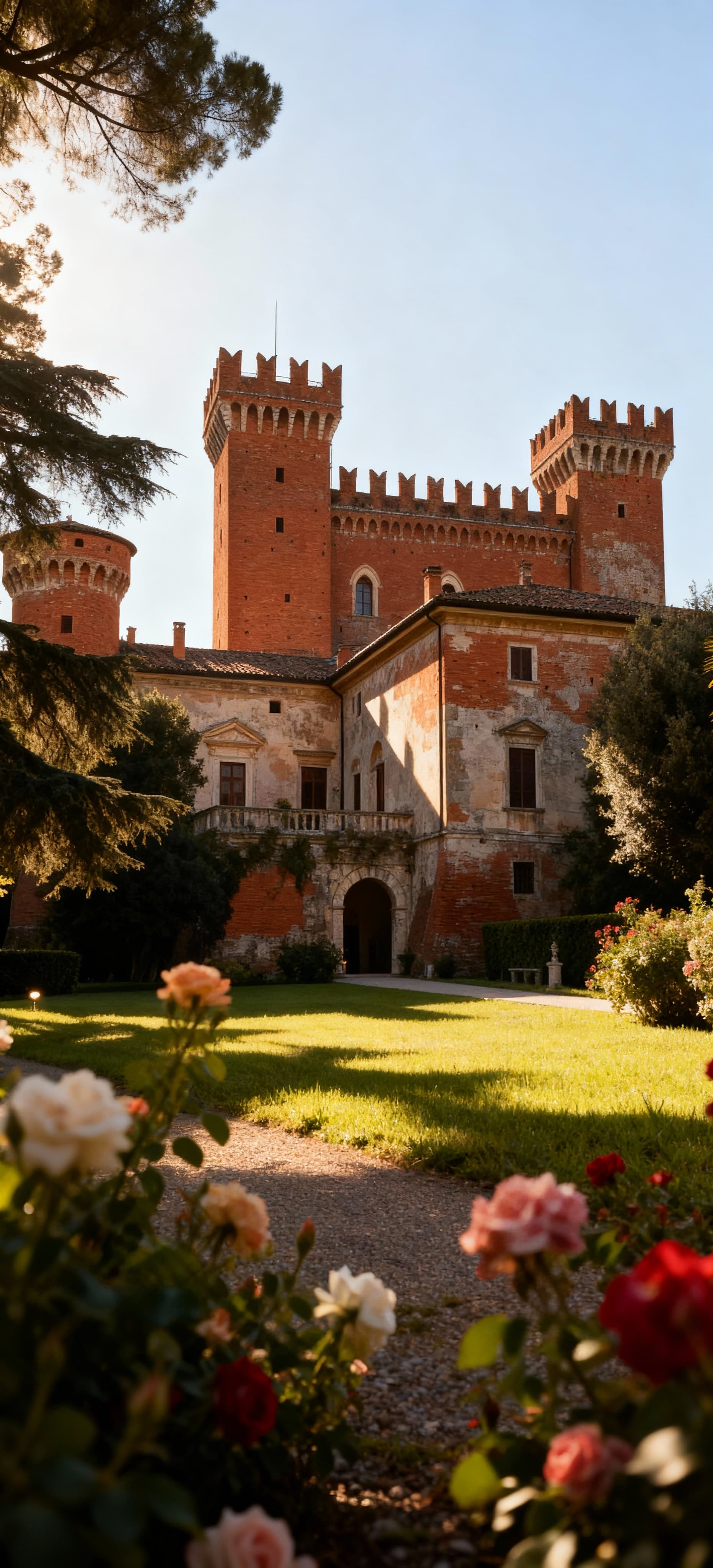Antico castello nelle Marche, ad Ancona, circondato da un parco secolare, illuminato dalla luce del mattino.