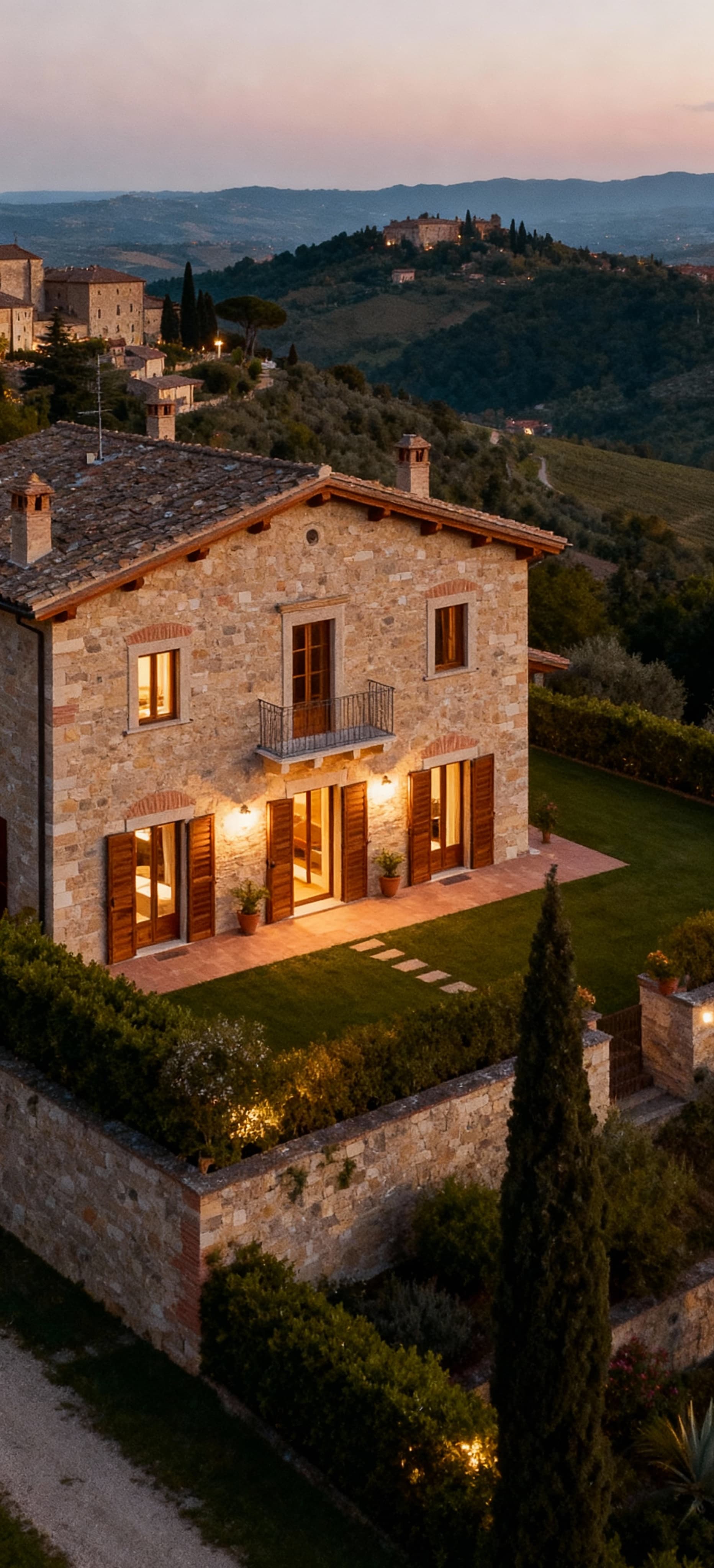 Case indipendenti di lusso in vendita a Padova, circondate da colline e borghi medievali, con eleganti finiture in pietra e legno.