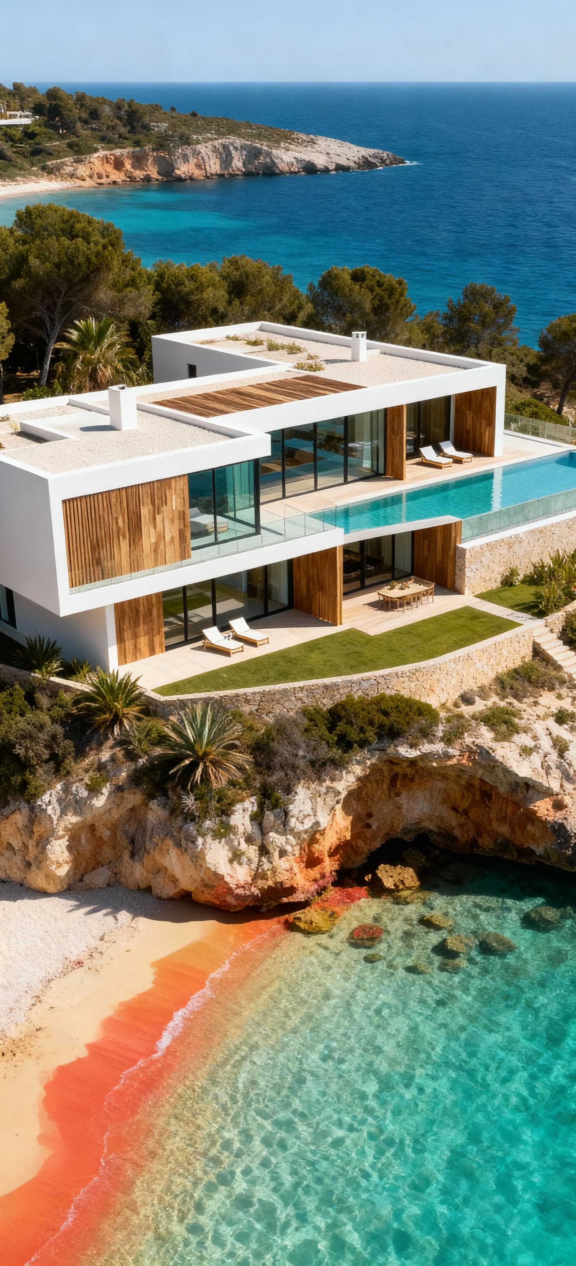Villa moderna a Ibiza su scogliera, con vista panoramica sul mare e materiali in vetro e legno che richiamano il paesaggio.