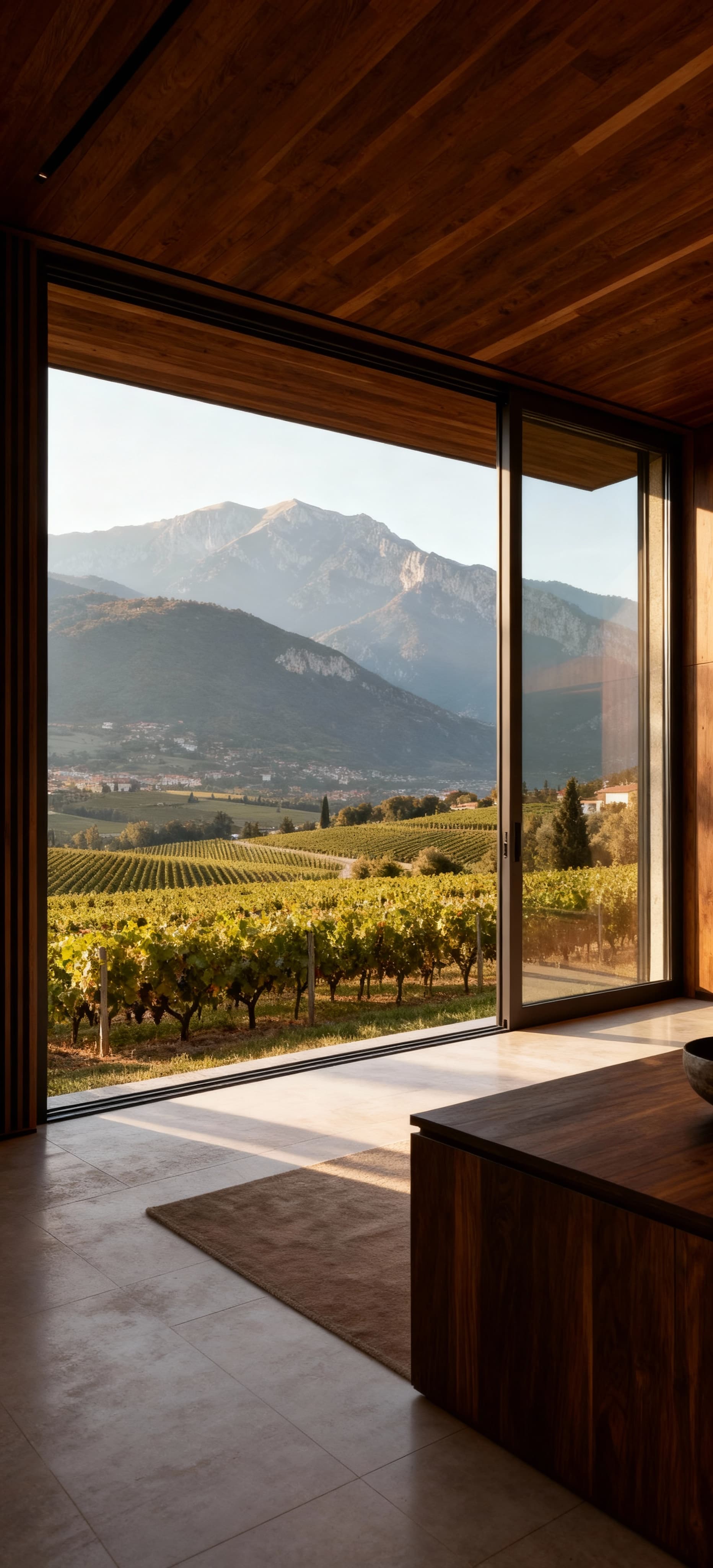 Attico elegante a Gorizia con vista su vigneti e montagne, interni moderni e atmosfera calda illuminata dalla luce mattutina.