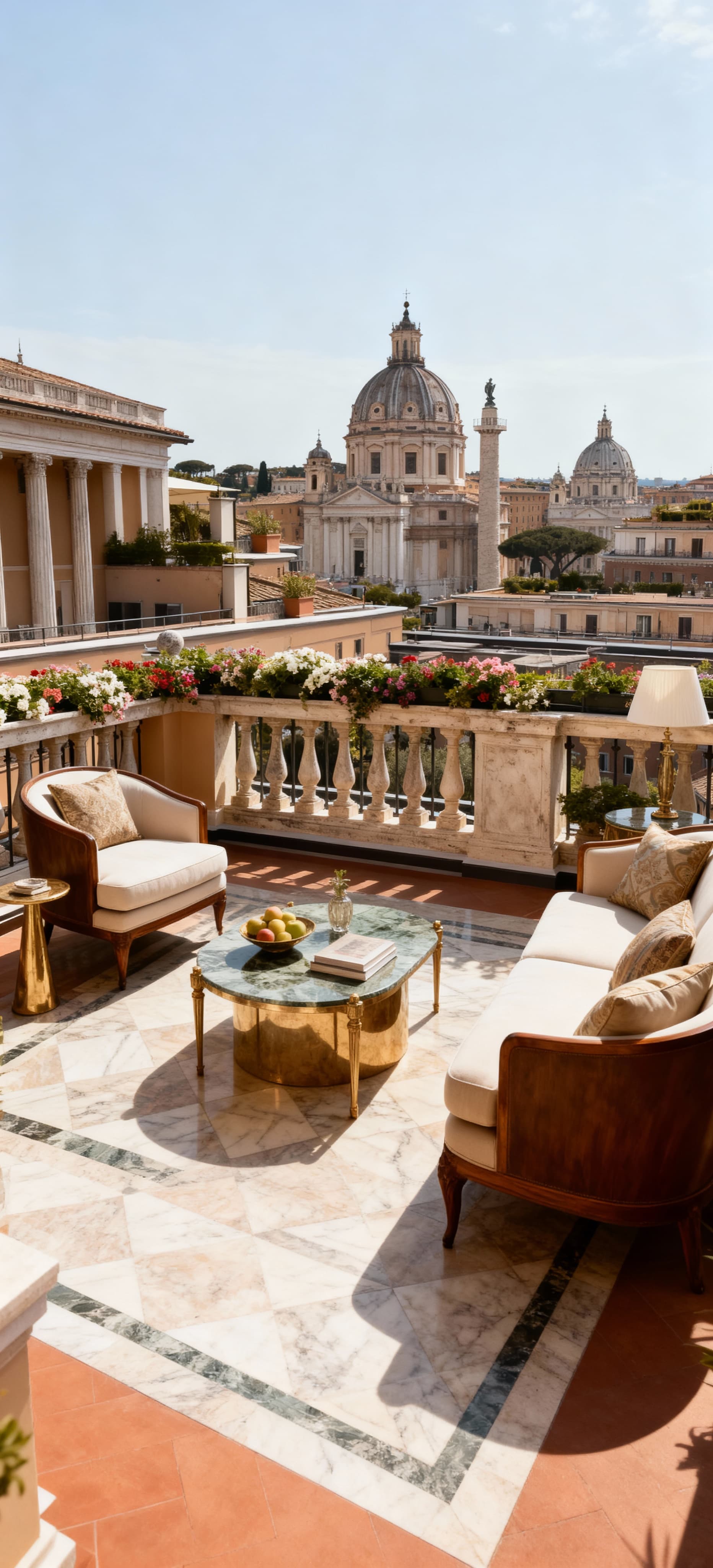 Attico elegante nel centro di Roma, interni di lusso e vista mozzafiato sui monumenti storici, balcone fiorito.