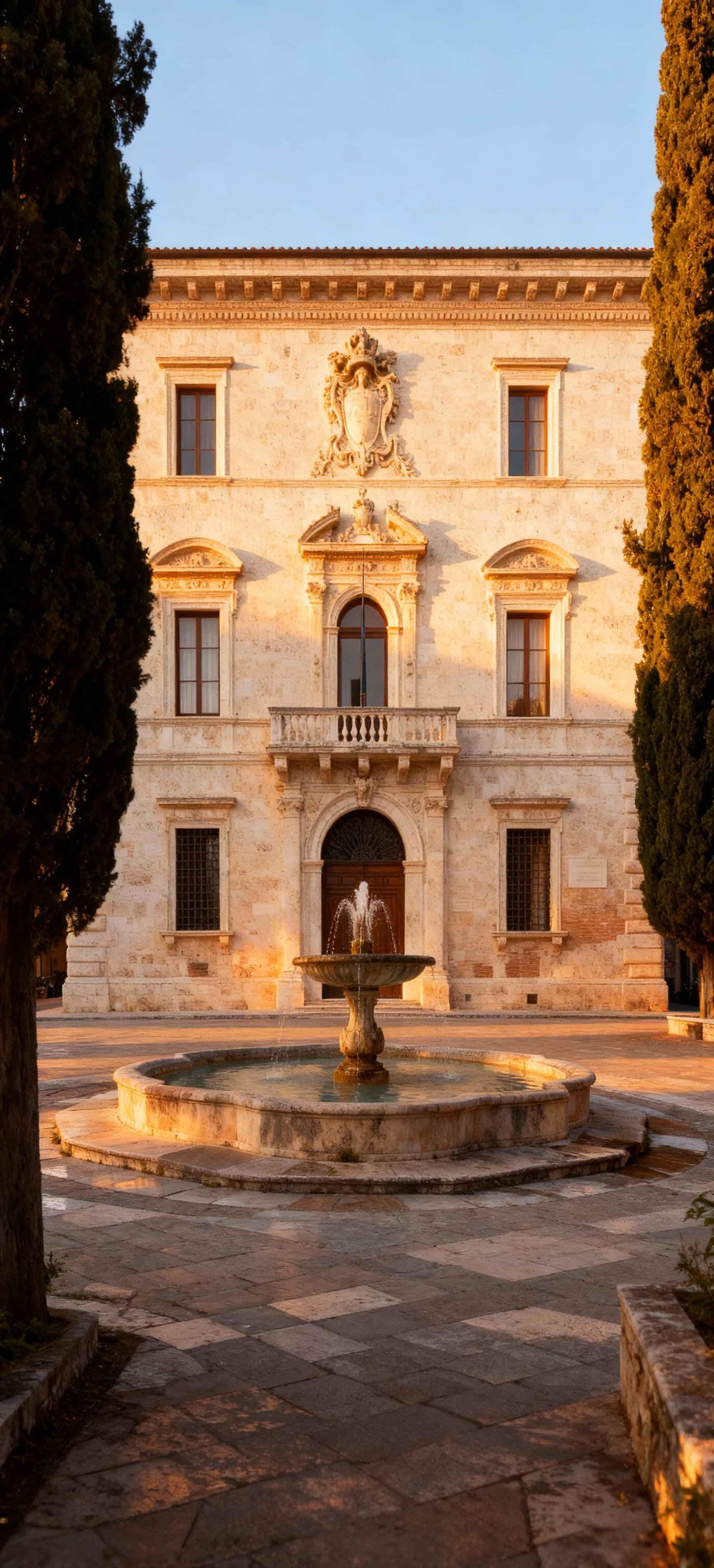 Palazzo storico in travertino ad Ascoli Piceno, affacciato su piazza con fontane e alberi secolari, sotto un cielo sereno.