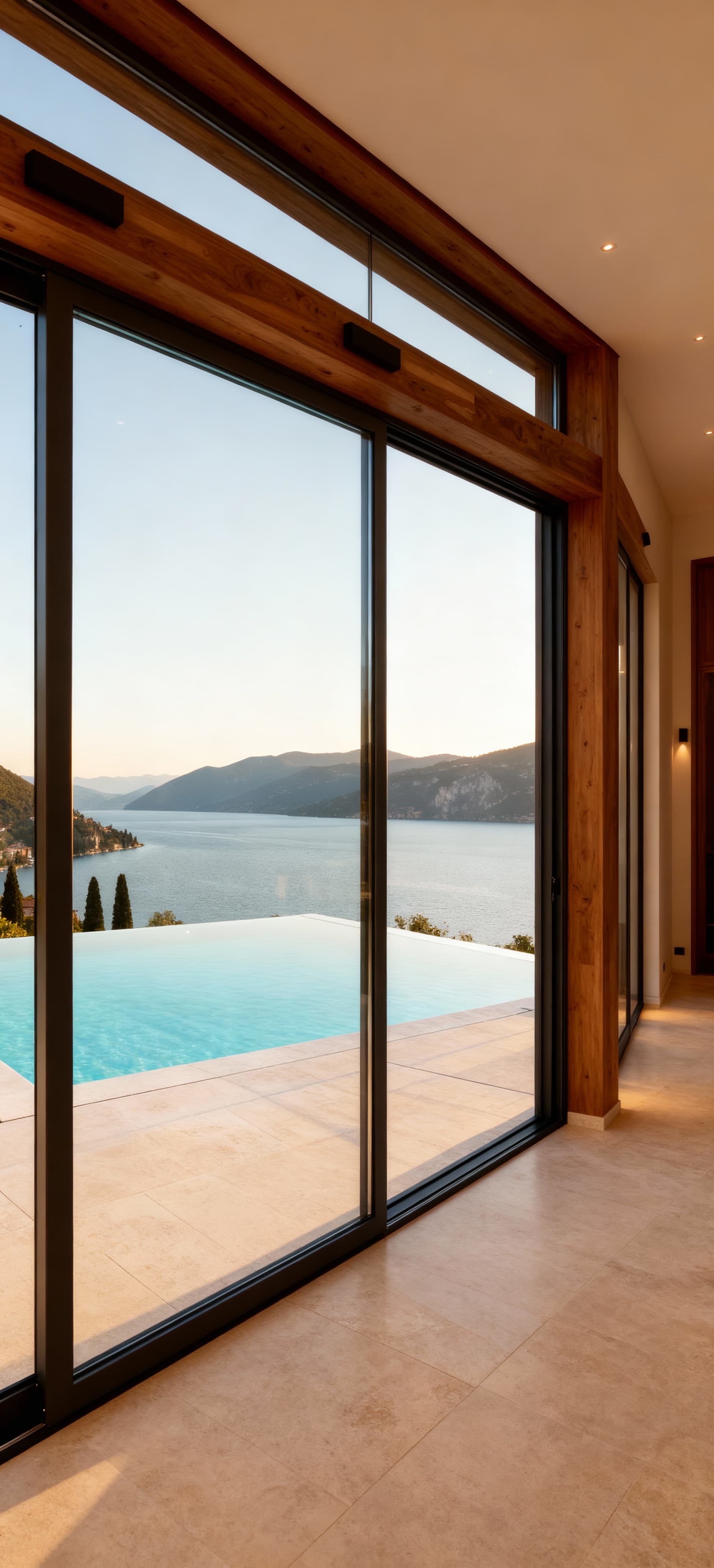 Attico lussuoso sul Lago di Garda, vista panoramica su colline verdi e acque cristalline, terrazza con piscina e ampia luminosità.