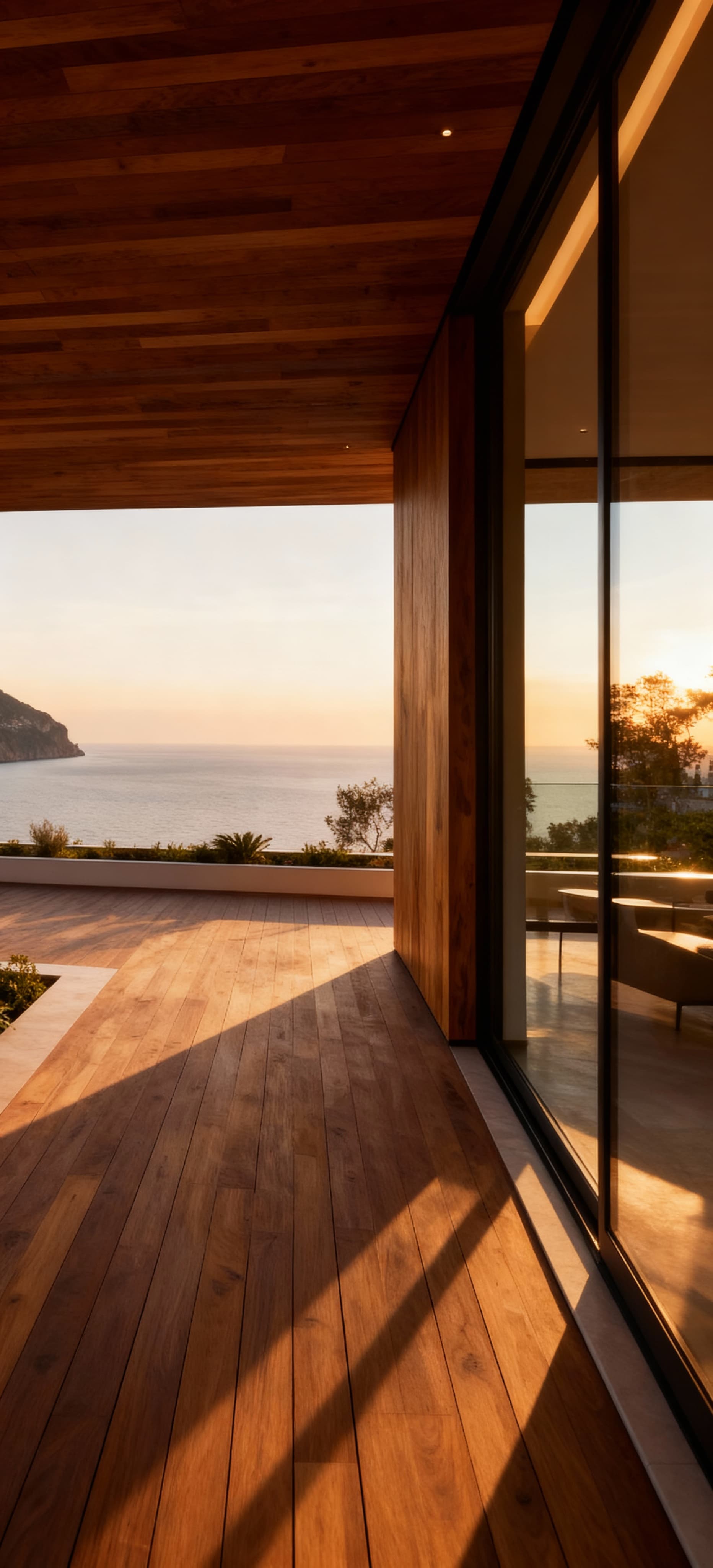 Attico di lusso in Campania con terrazze panoramiche e dettagli eleganti, vista sulla costiera in calda luce pomeridiana.