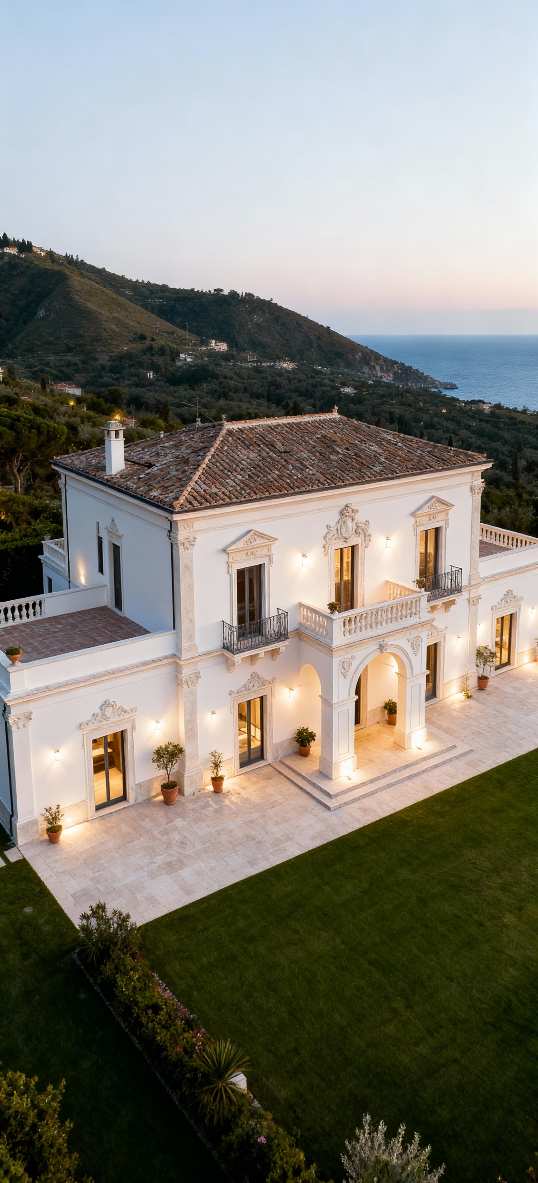 Luxury detached houses for sale in Campania, featuring spacious green areas amidst history, sea, and modernity.