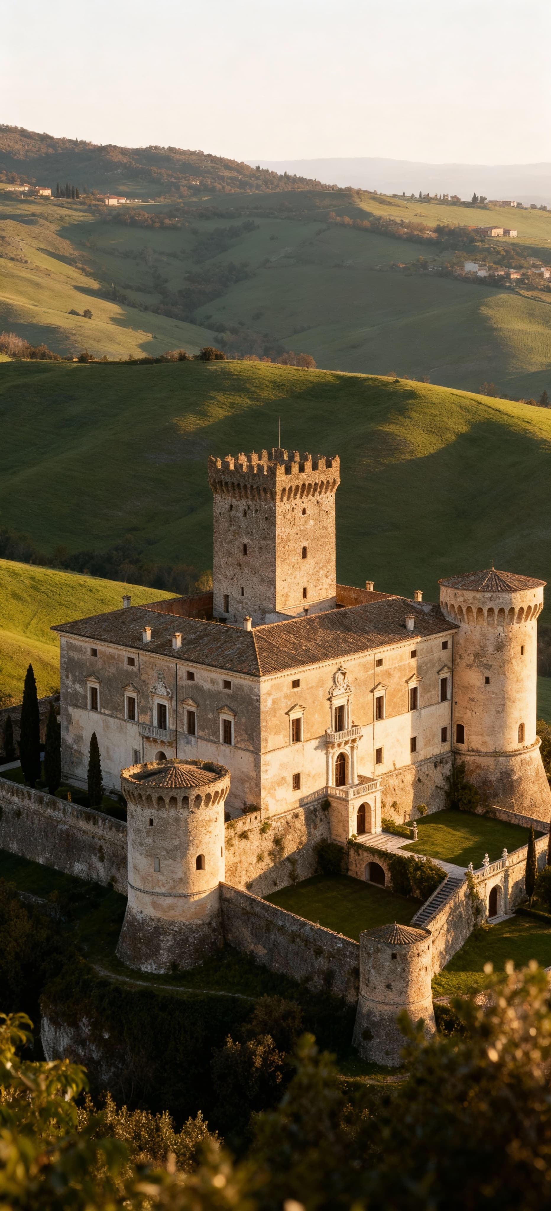 Castello in vendita nel Lazio, circondato da colline verdi e illuminato dalla luce del pomeriggio, con torri storiche.