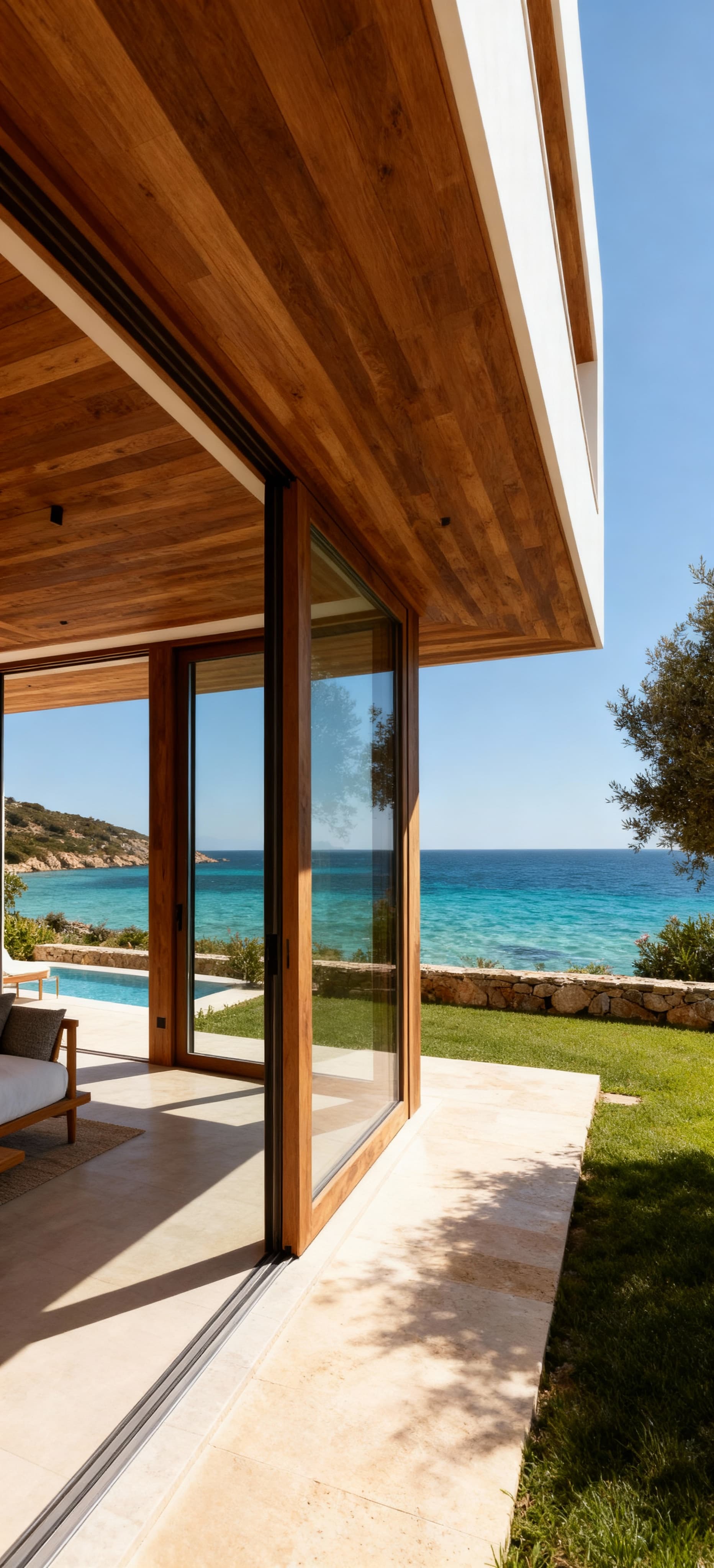 Appartamento in villa in Sardegna con vista mare, ampie vetrate e finiture in legno, circondato da un giardino tranquillo.