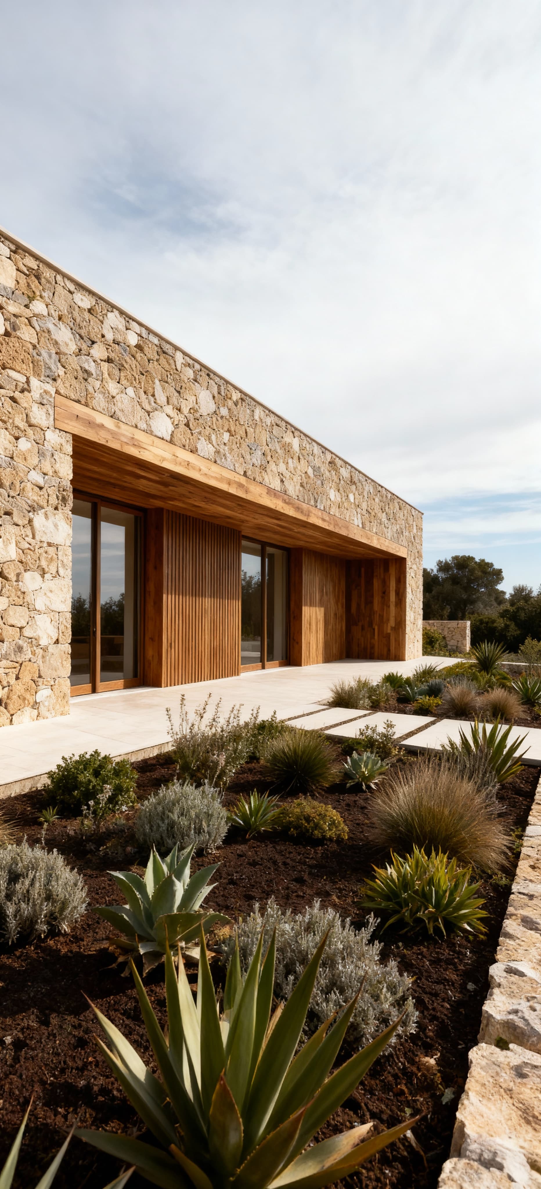 Luxuosa villa contemporanea a Nuoro, con facciata in pietra e dettagli in legno, immersa in un giardino di piante autoctone.