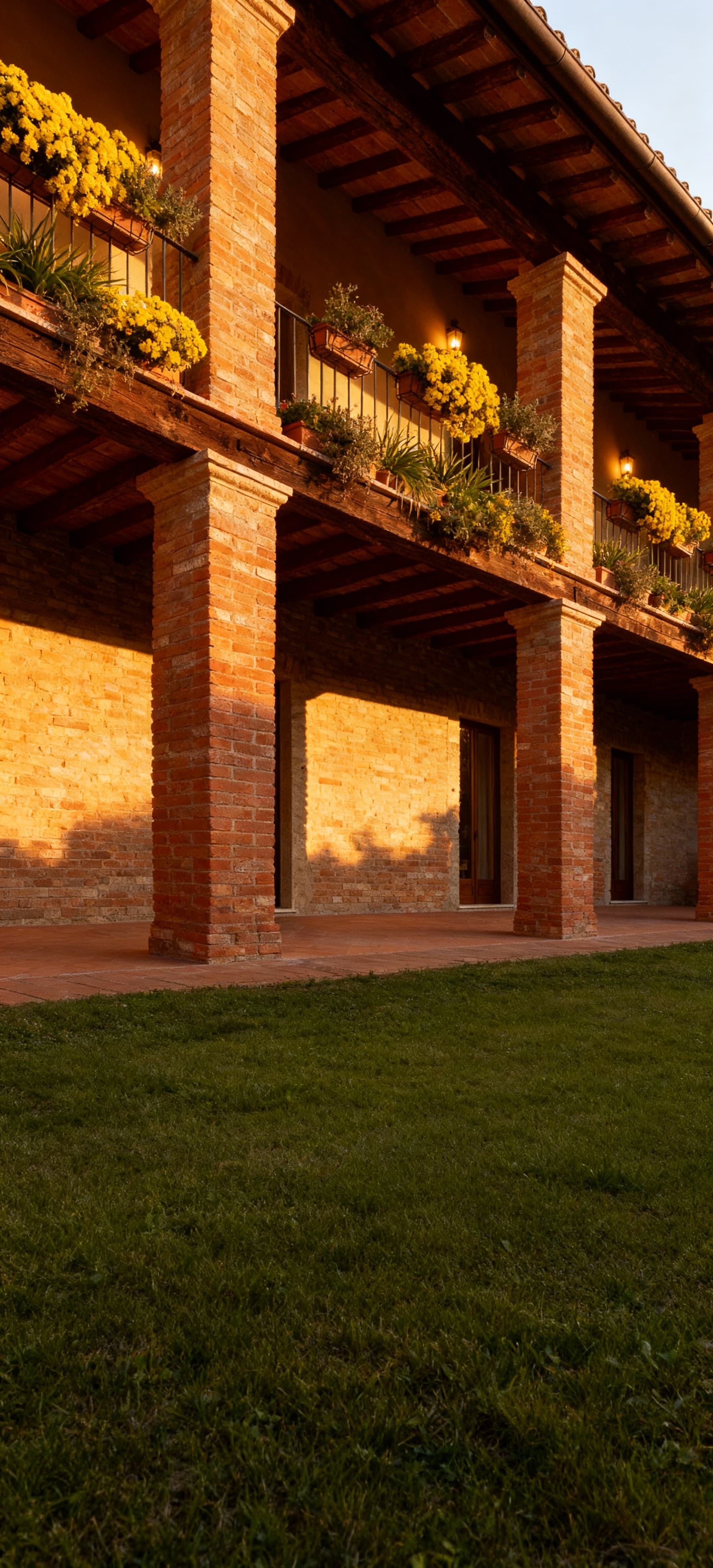 Terratetto in Lazio con muri in mattoni, travi in legno e balconi fioriti, immerso in una luce calda del tardo pomeriggio.