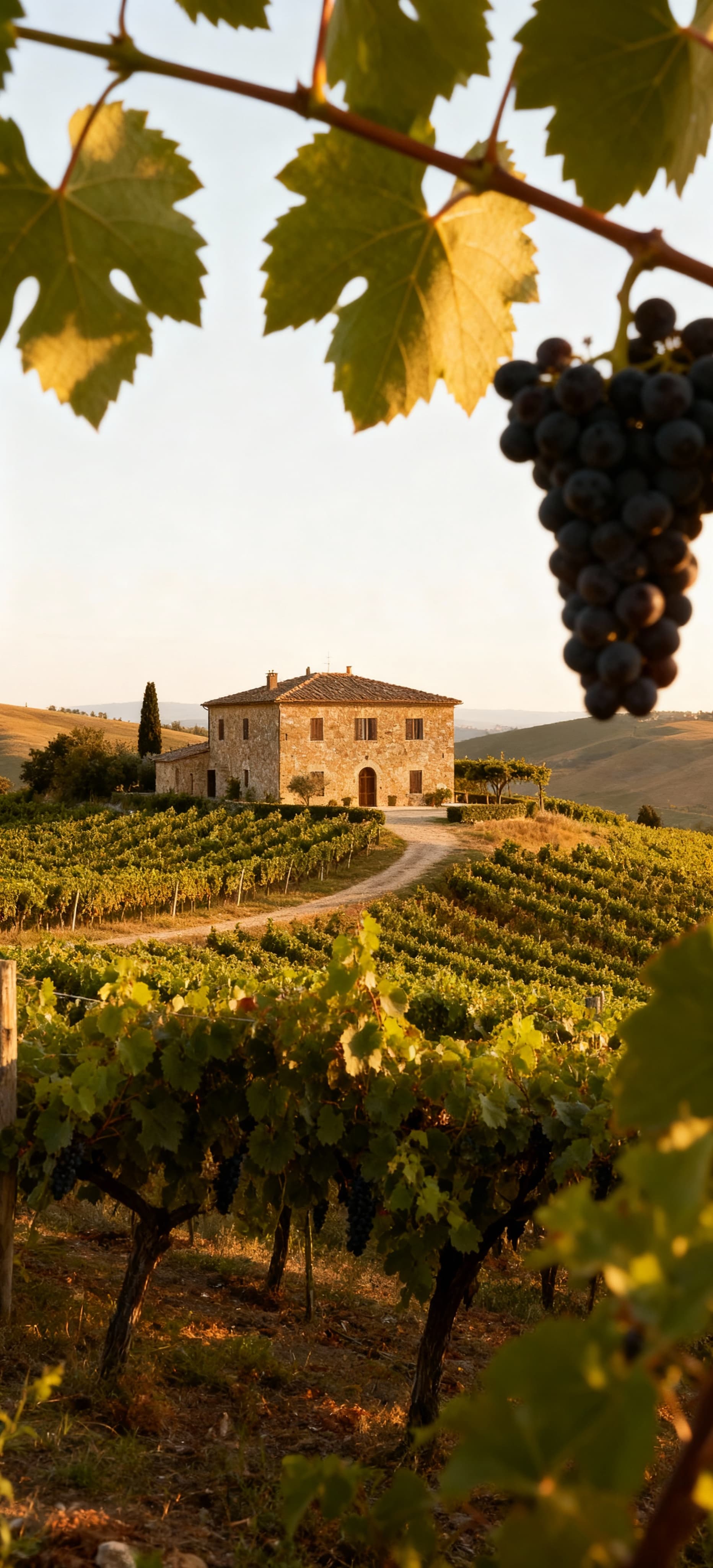 Tenuta in vendita in Toscana: vigneti su dolci colline con un casale in pietra, illuminati dalla luce del tardo pomeriggio.