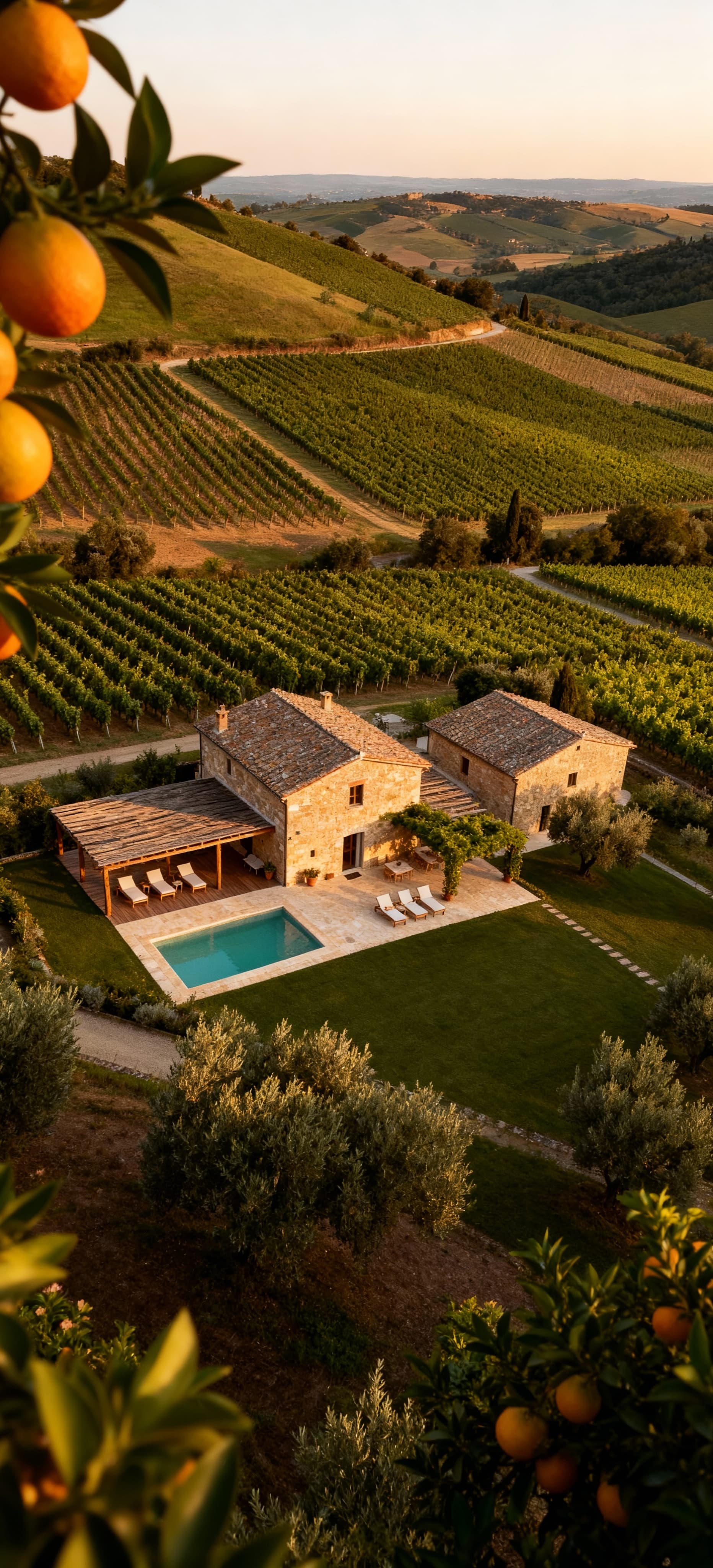 Azienda agricola umbra con colline verdi, vigneti e uliveti, strutture in pietra e legno, luce pomeridiana naturale.