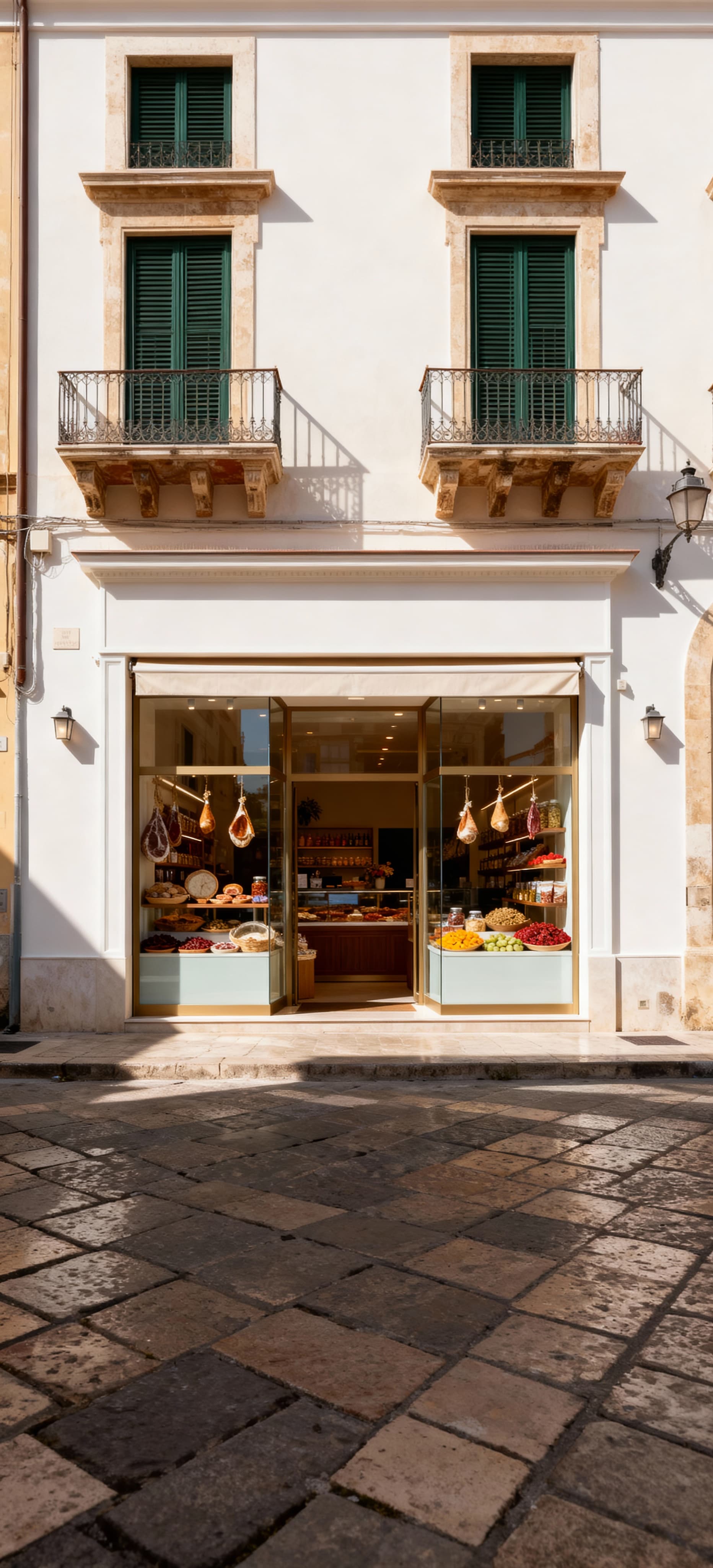 Attività commerciale in vendita nel centro storico di Sicilia, con facciata chiara e vetrine ampie, circondata da dettagli architettonici.