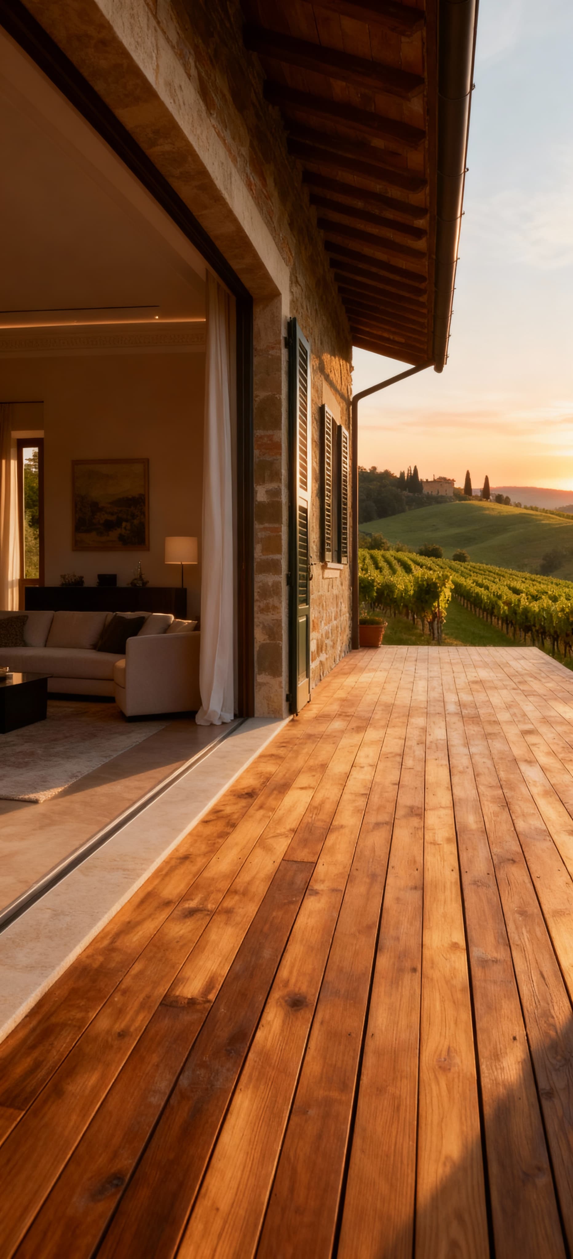Attico in vendita in Toscana con terrazza in legno, affacciato su colline e vigneti, interni eleganti e luce mattutina.