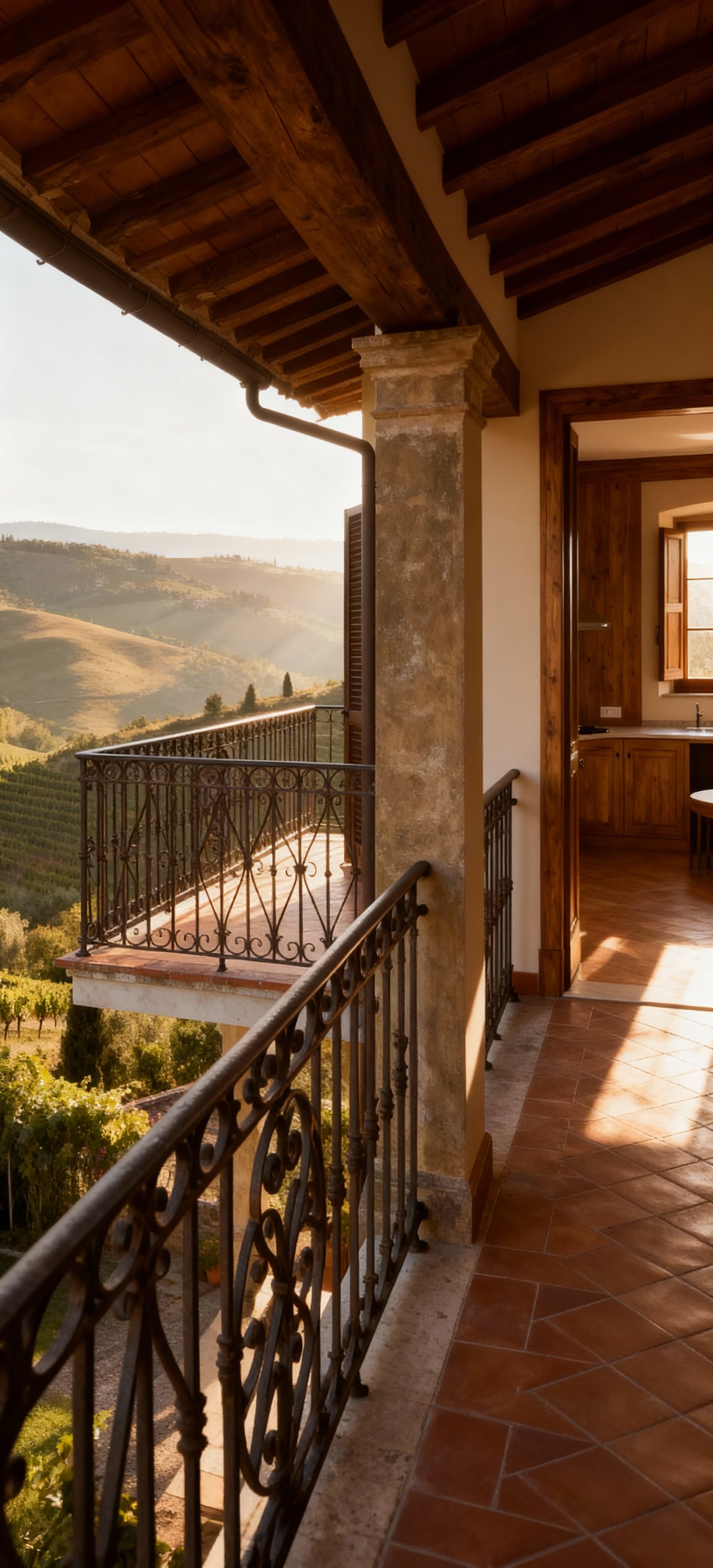 Appartamento in villa toscana con vista panoramica, balconi in ferro battuto e interni in legno naturale. Atmosfera accogliente.
