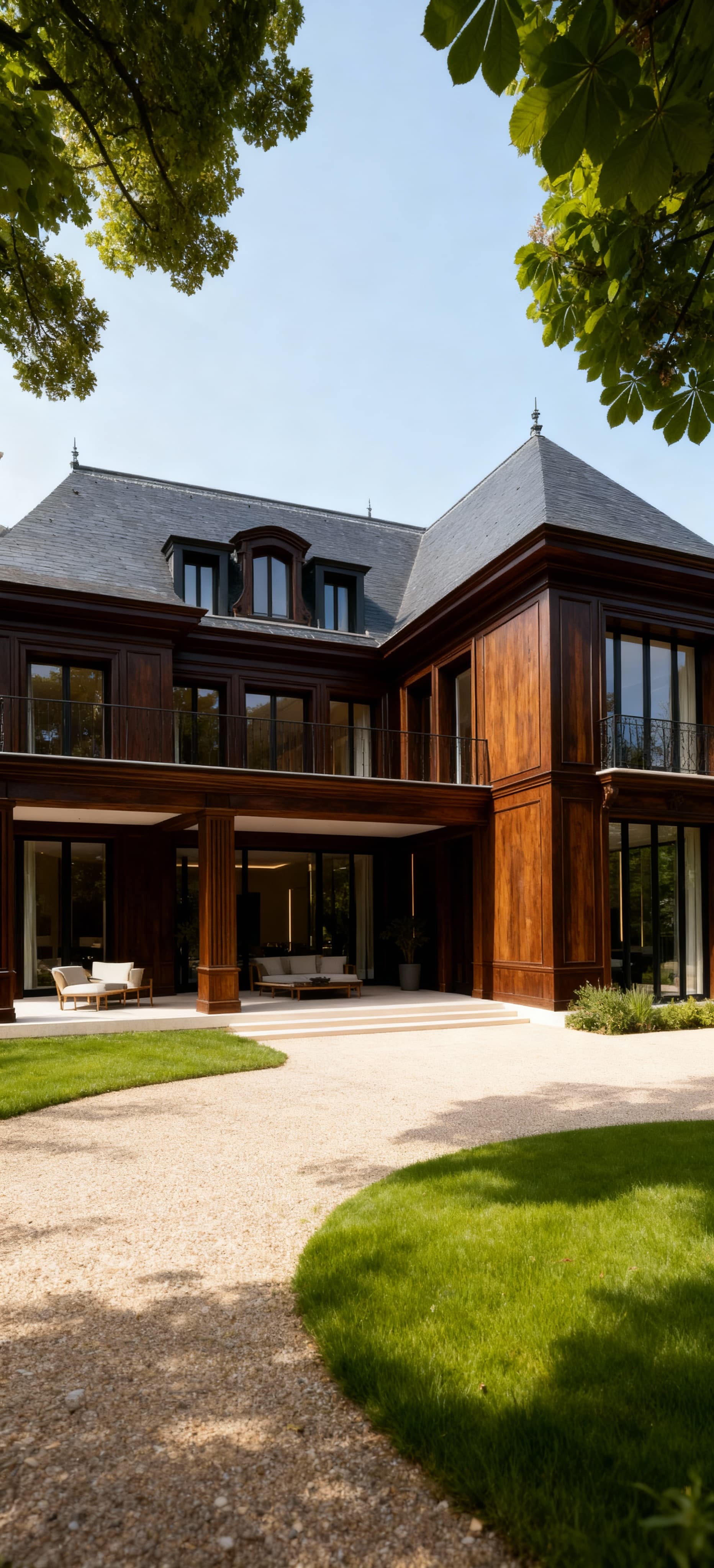 Villa di lusso in Île-de-France, elegante architettura, spazi ampi, immersa nel verde sotto un cielo sereno.