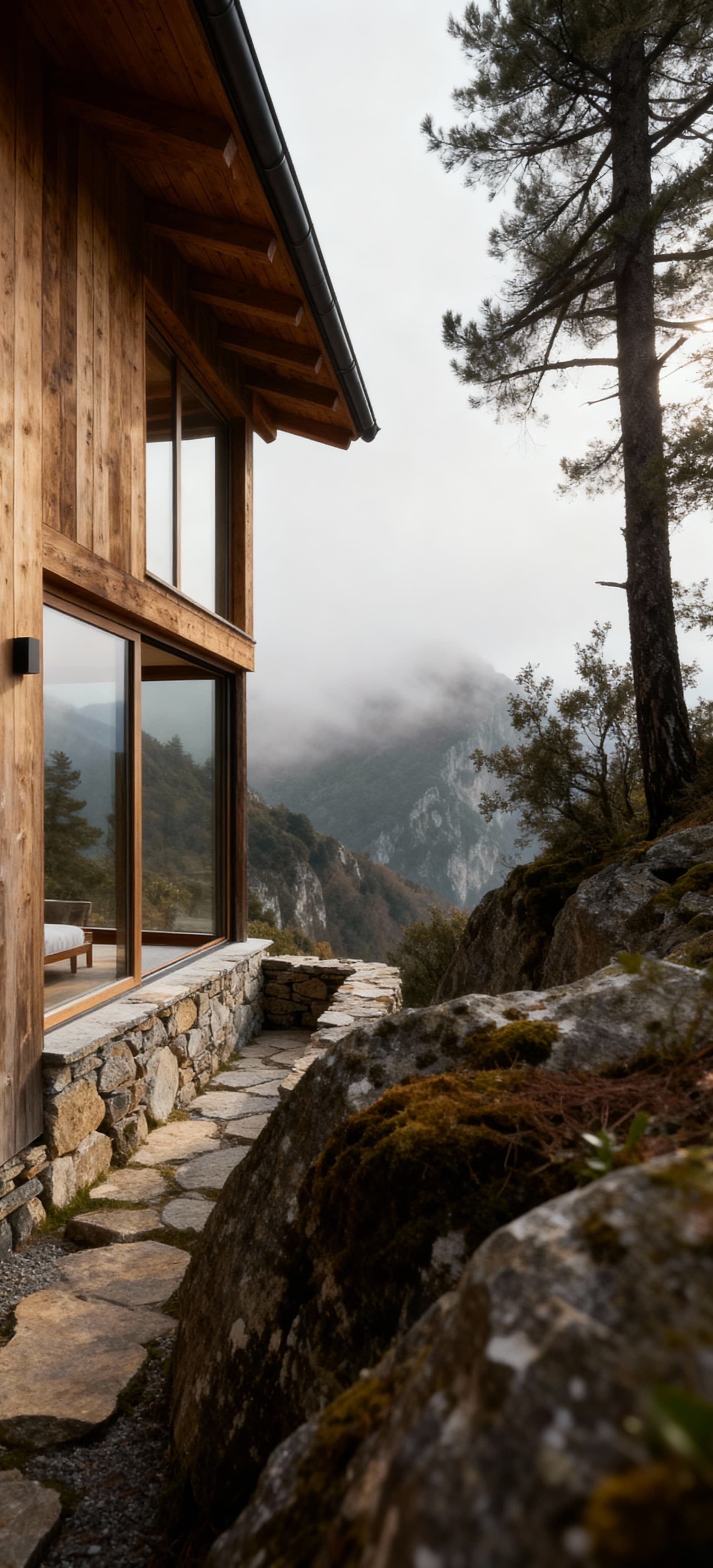 Montagna in vendita in Liguria, rifugio esclusivo immerso nella natura con ampie finestre e dettagli in legno e pietra.
