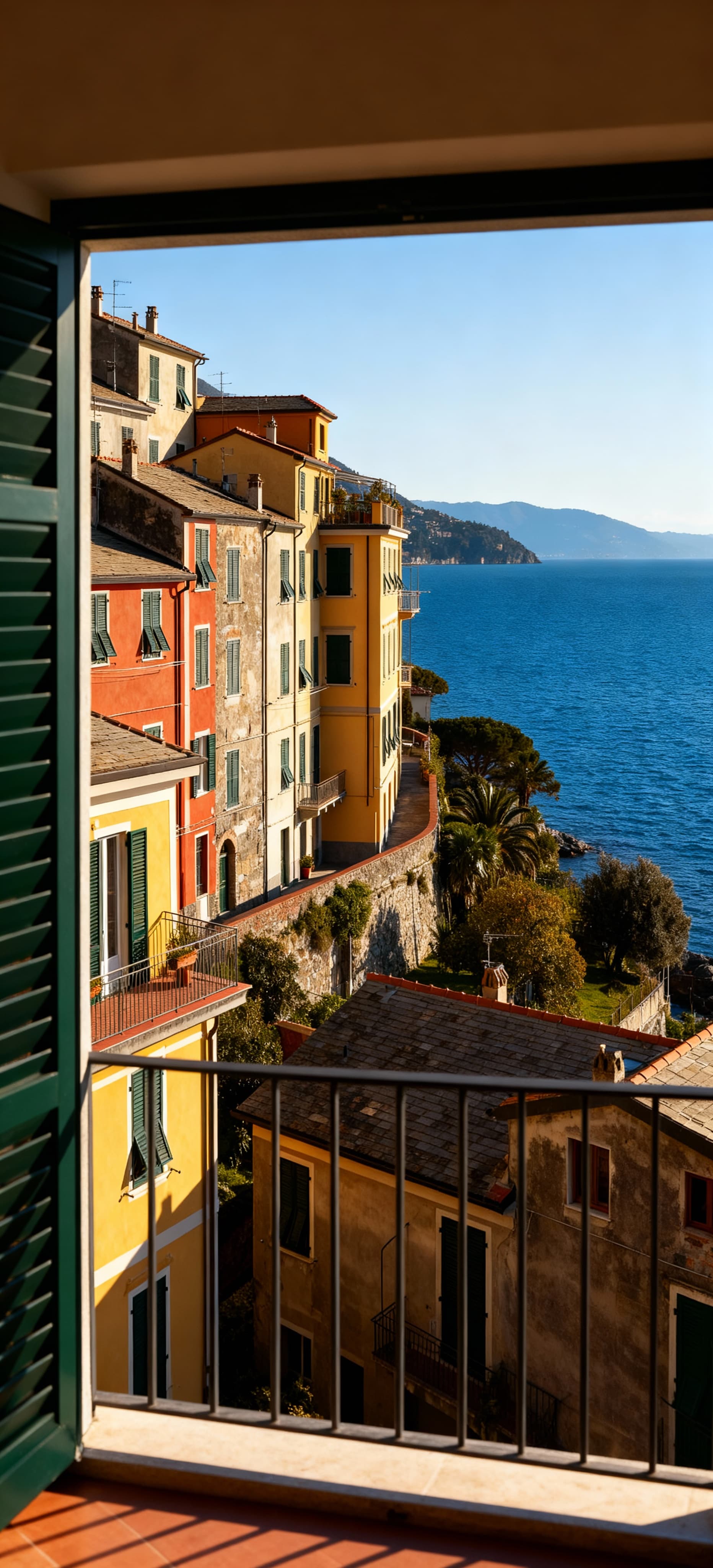 Appartamenti in vendita all'Isola d'Elba con vista sul Golfo dei Poeti, luce mattutina su facciate colorate e mare blu.