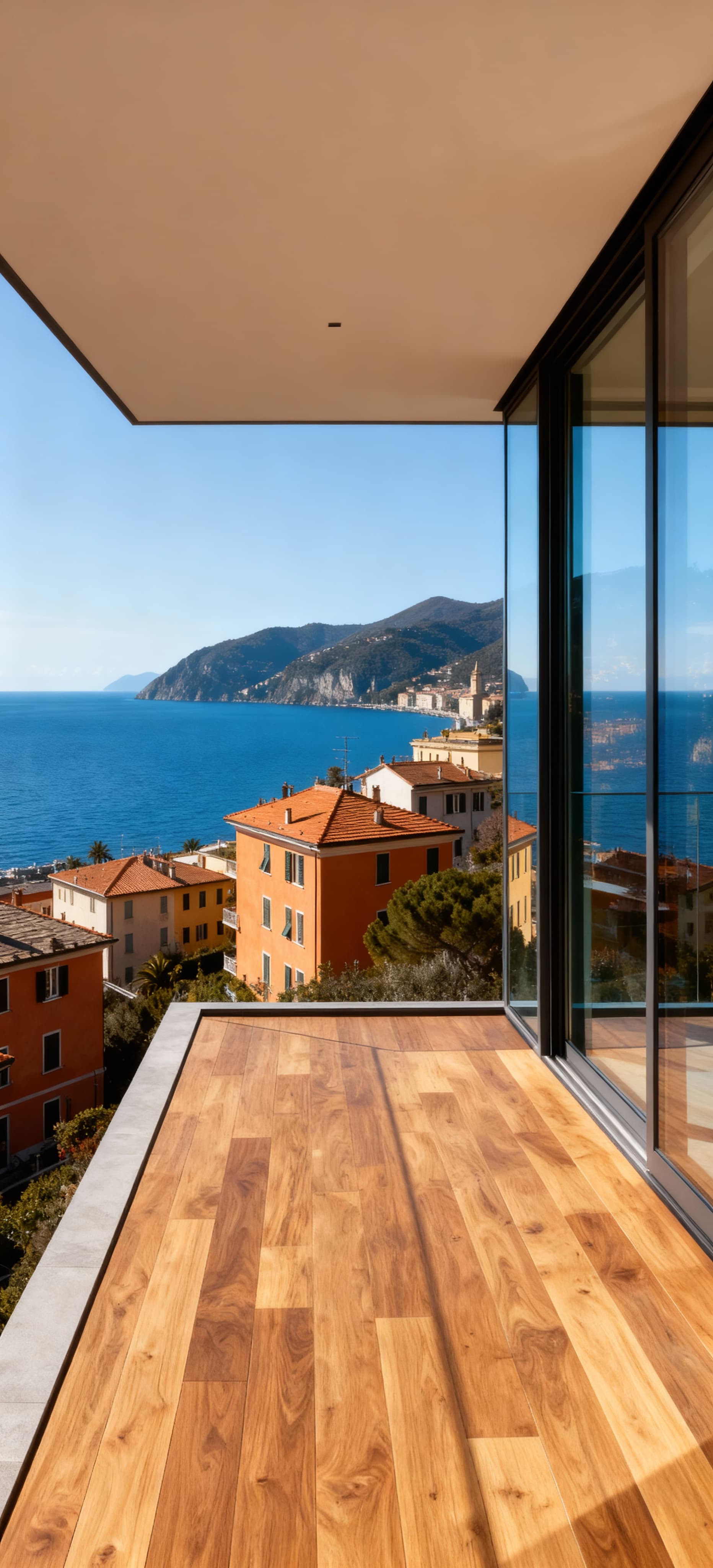 Vista panoramica di un attico a La Spezia, terrazza sul Golfo dei Poeti, pareti in vetro e pavimento in legno elegante.