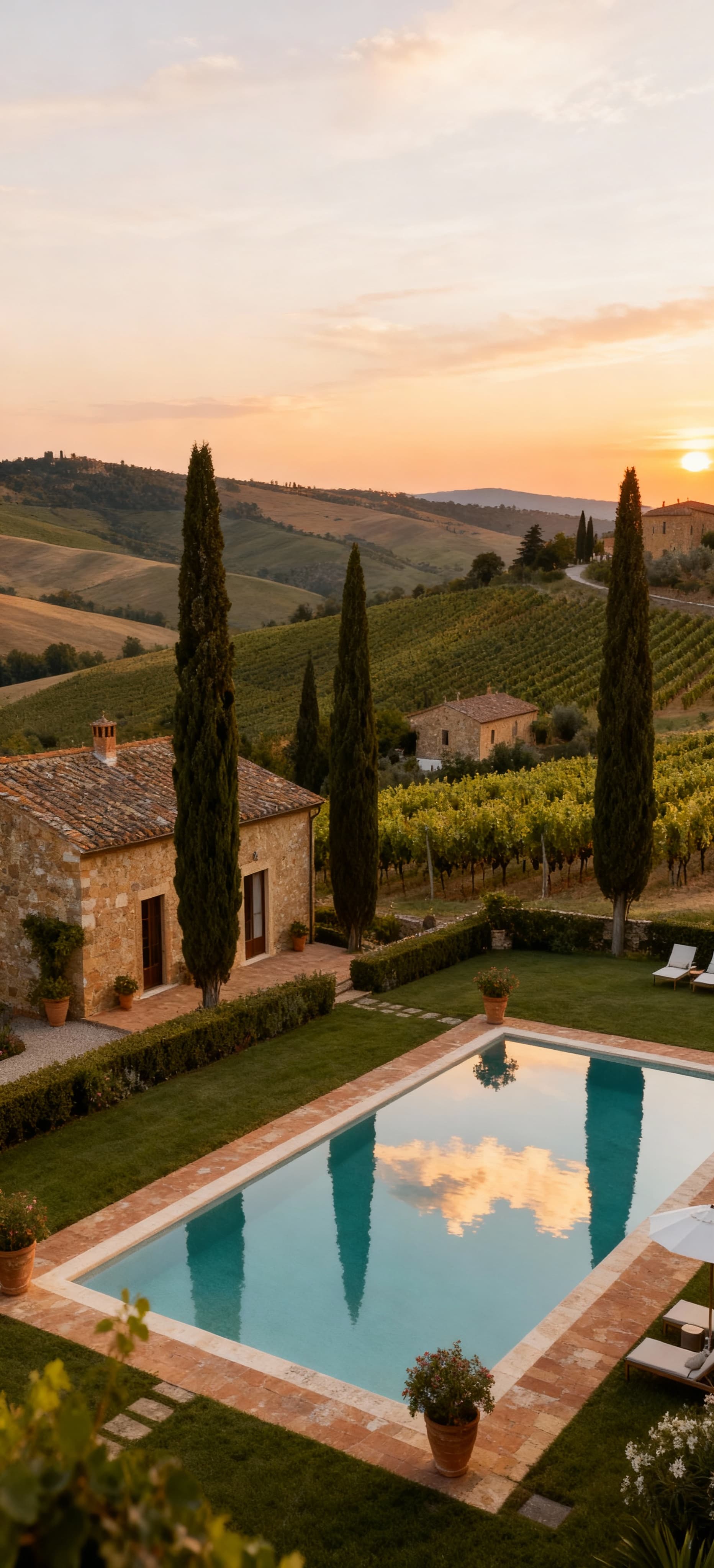 Stunning panoramic view of rolling hills, vineyards, and cypress trees in Val d'Orcia, showcasing luxury apartments for sale.