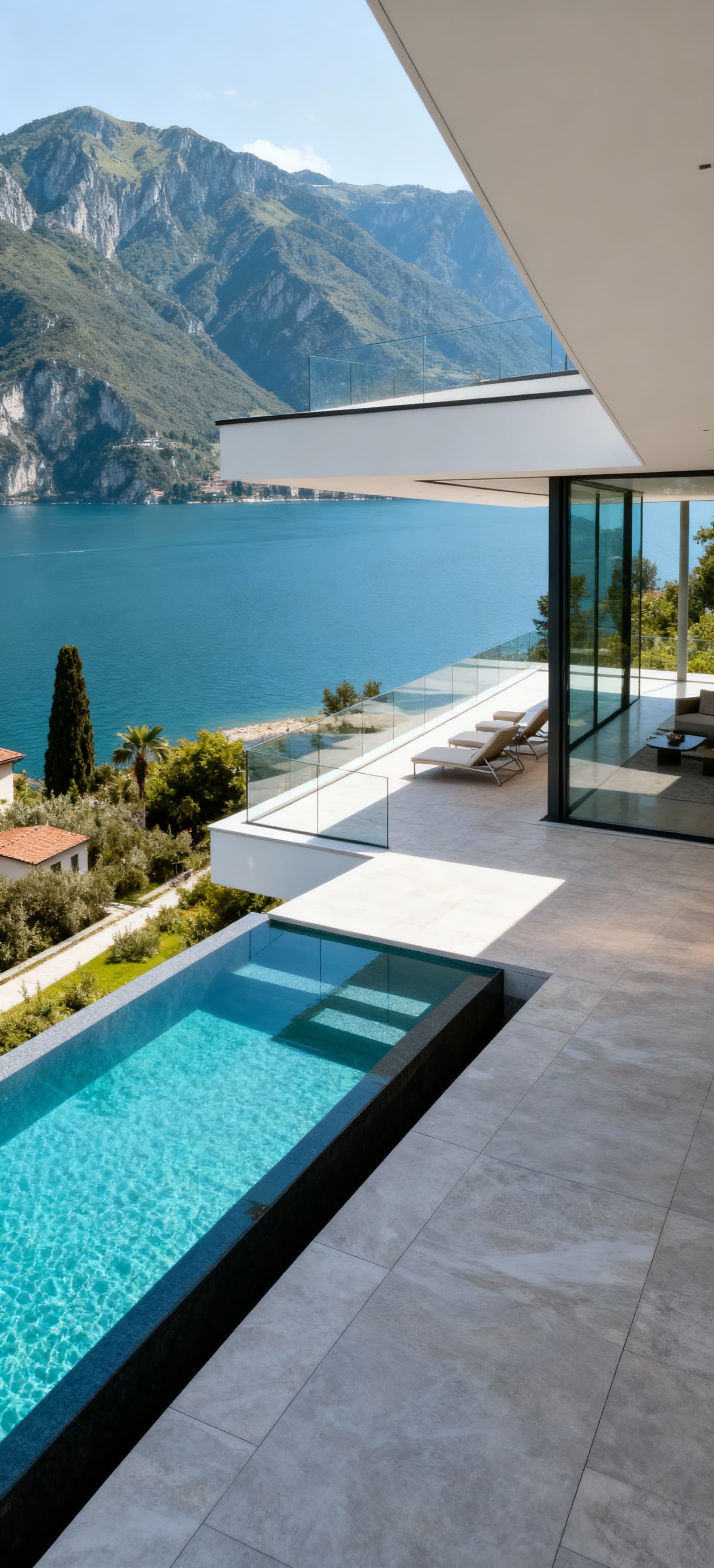 Attico moderno con terrazze ampie e vista sul Lago di Garda, architettura contemporanea che si integra nel paesaggio naturale.