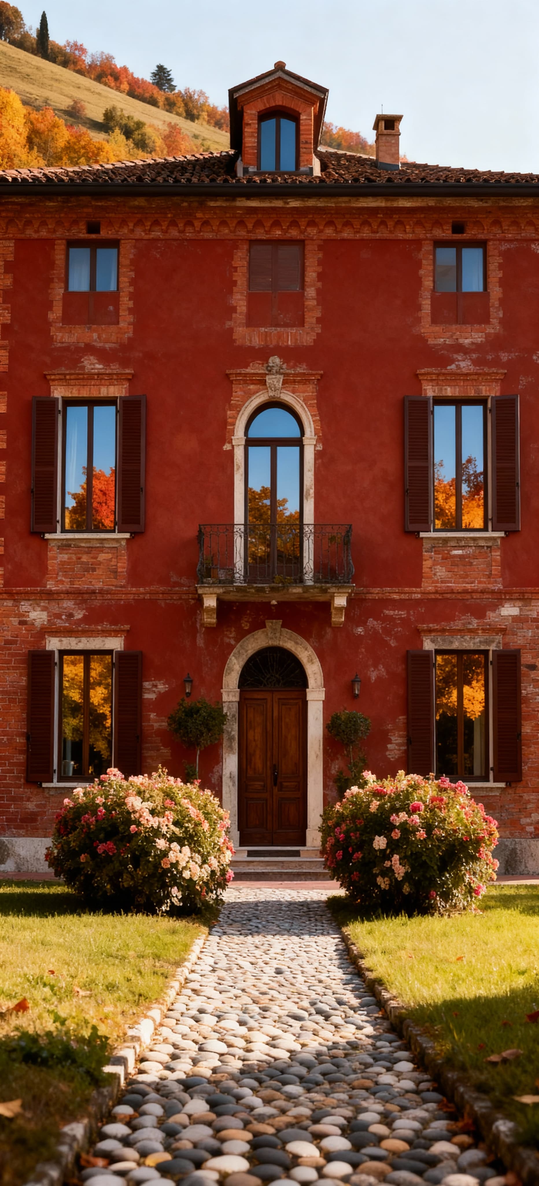 Elegante residenza in vendita a Gorizia, con dettagli architettonici mitteleuropei e paesaggio autunnale.