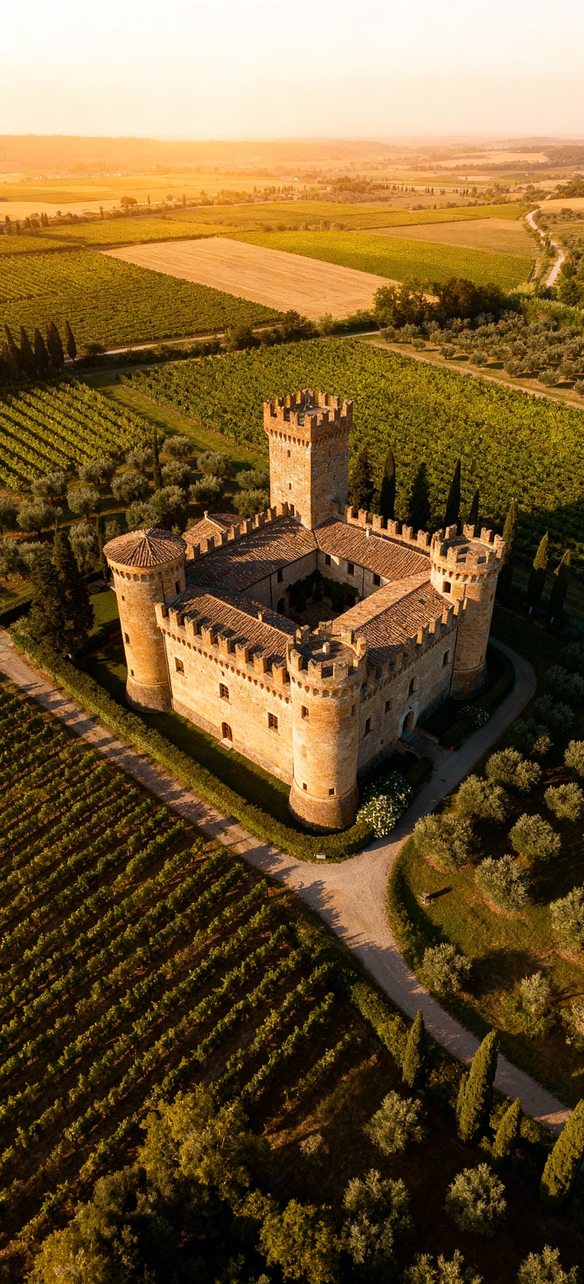 Antico castello medievale con torri e merlature immerso in un paesaggio di vigneti e oliveti, luce pomeridiana calda.