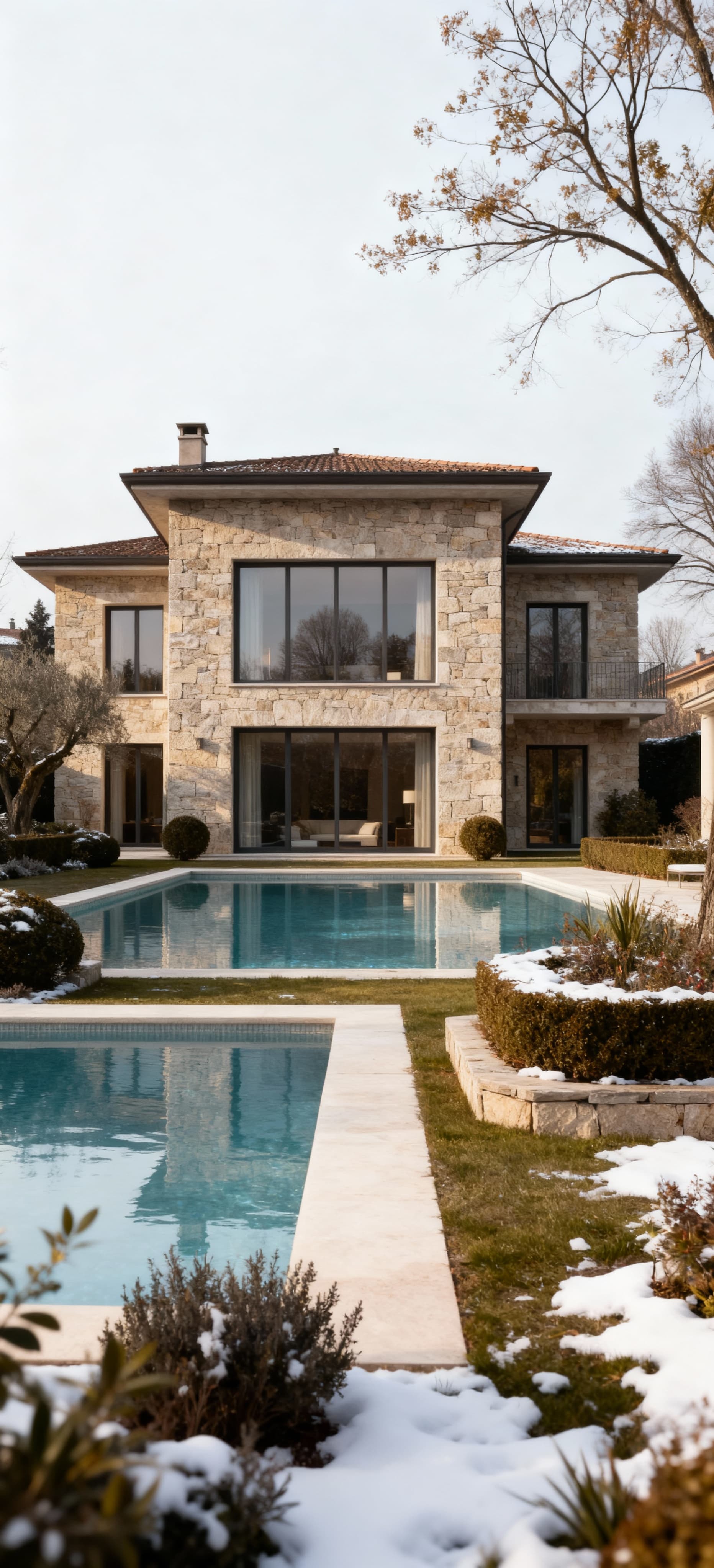 Elegante villa in vendita a Milano, circondata da giardini curati e piscine, con facciate in pietra e grandi vetrate.