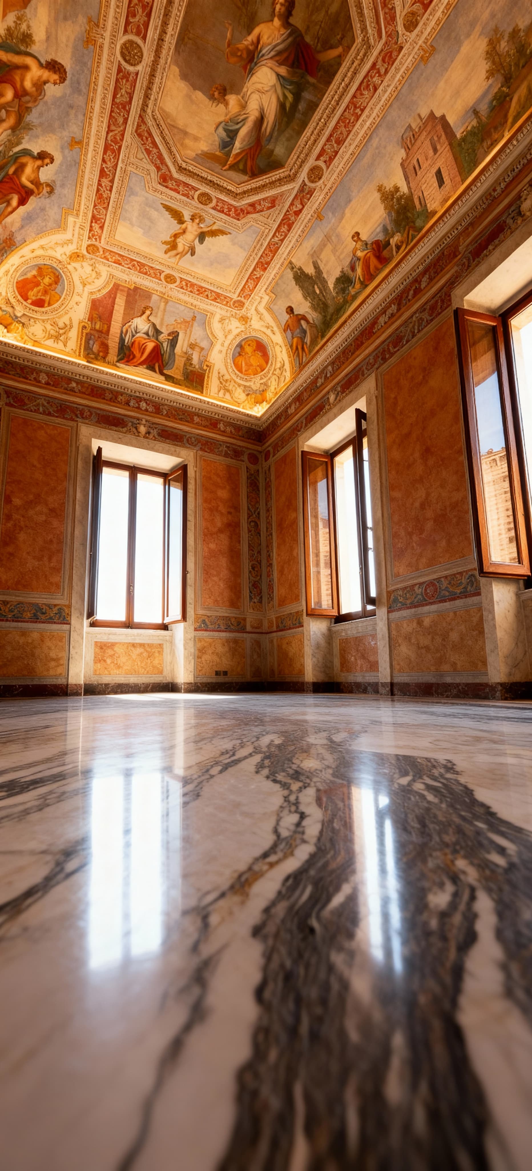 Lussuoso appartamento con soffitti affrescati e pavimenti in marmo, vista architettonica di un palazzo storico a Ravenna.