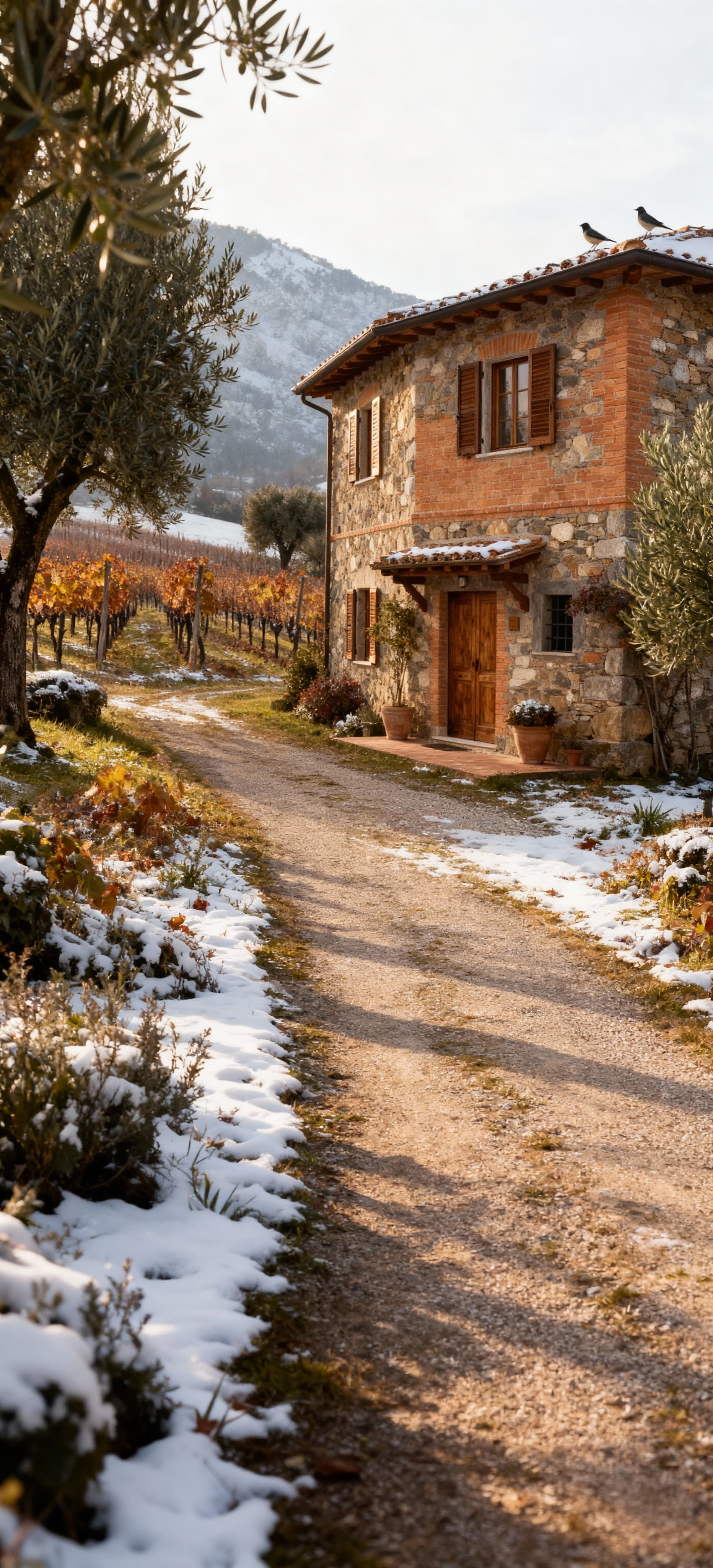 Rustico in pietra circondato da uliveti e vigneti, illuminato da luce invernale, tipico paesaggio ligure a La Spezia.
