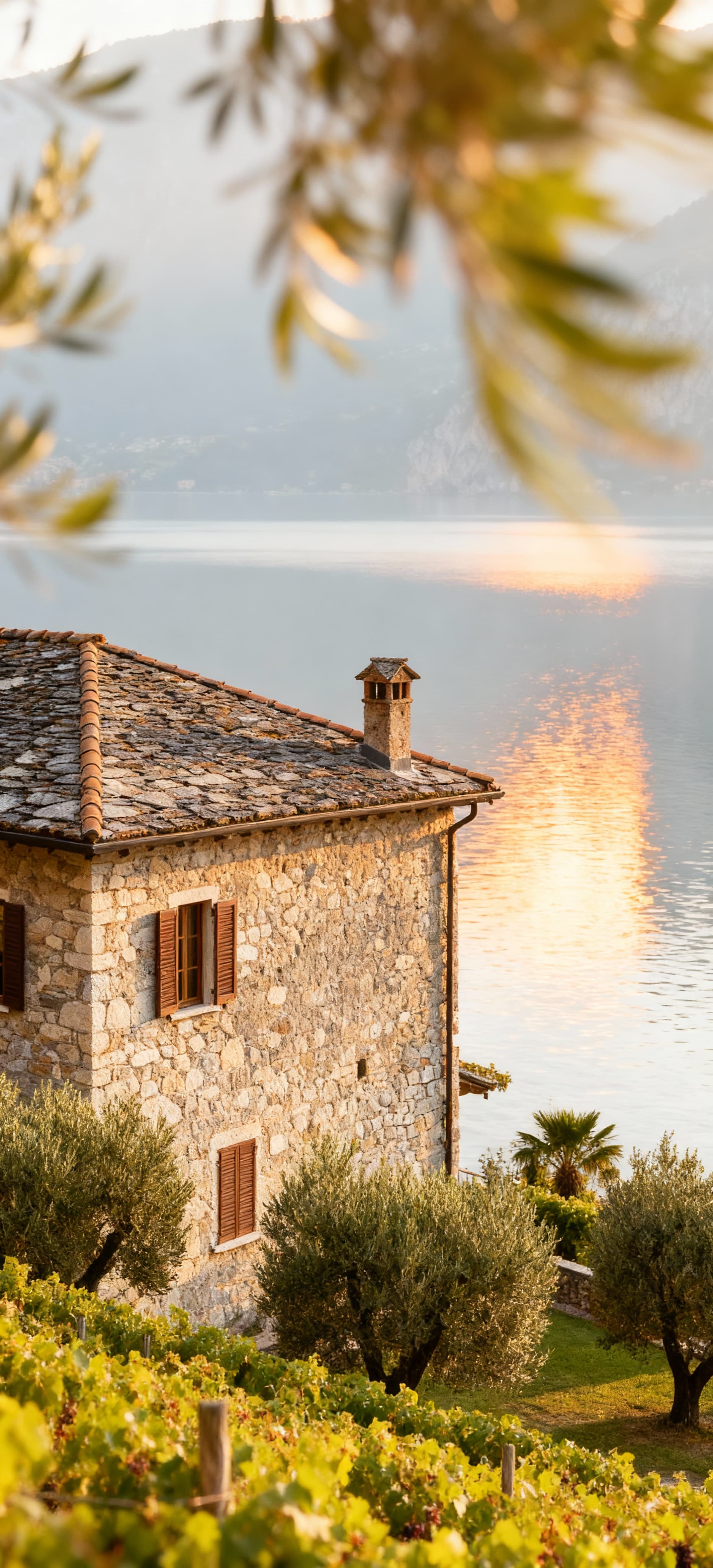 Rustico in vendita affacciato sul Lago di Garda, con pietra locale, tetto in coppi, circondato da uliveti e vigneti.