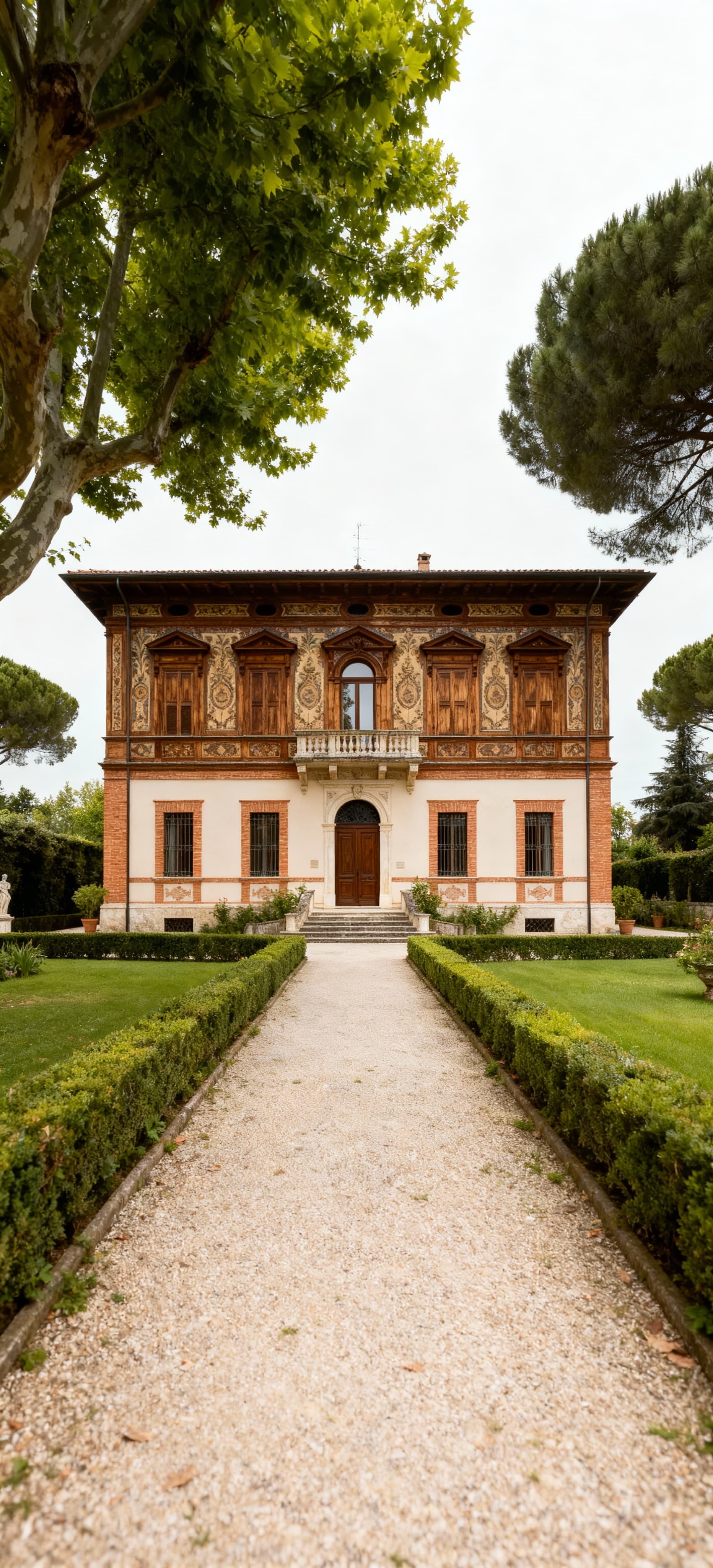 Elegante edificio storico a Campobasso con facciate in legno e mattoni, circondato da un rigoglioso giardino all’italiana.