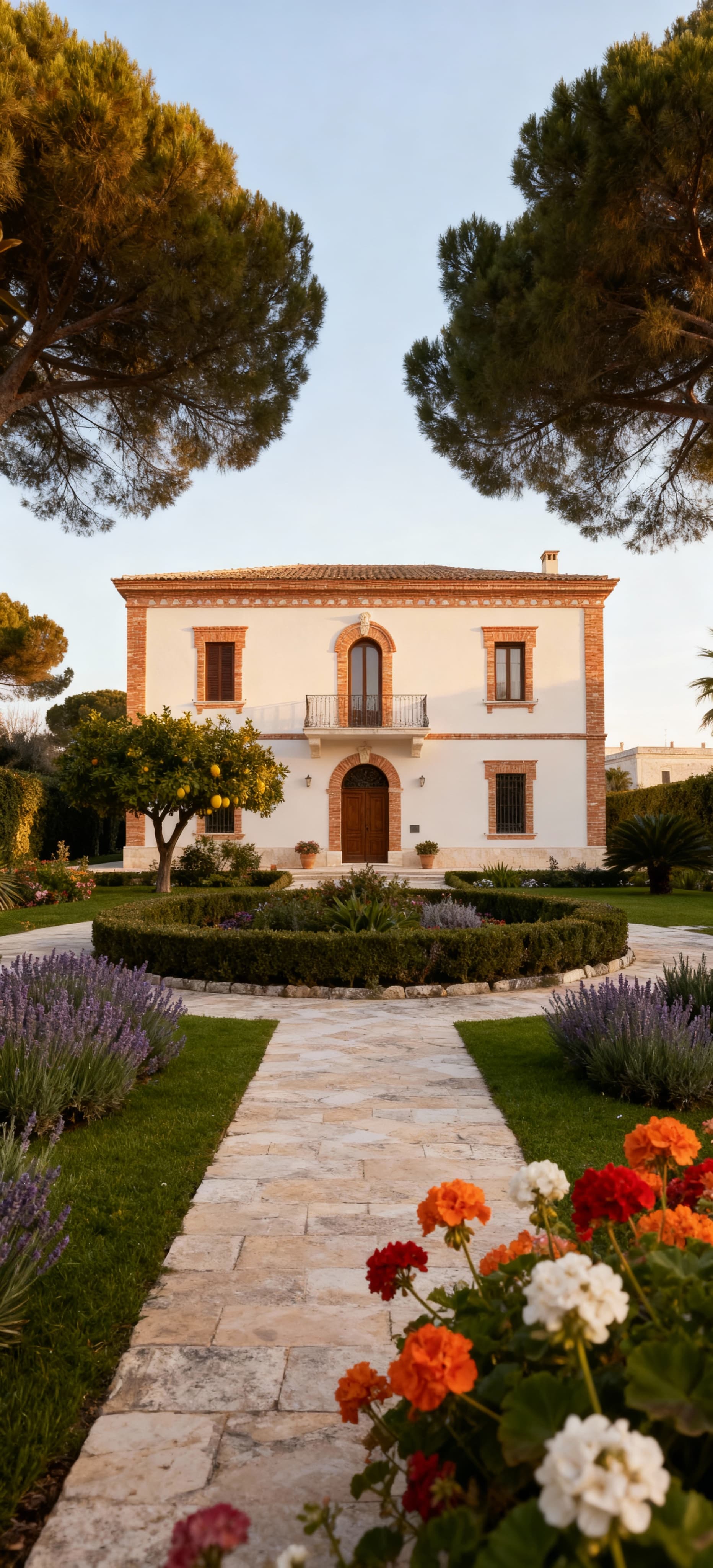 Villa in vendita a Barletta Andria Trani, con giardini eleganti, facciata chiara e dettagli in mattoni, in un'atmosfera serena.