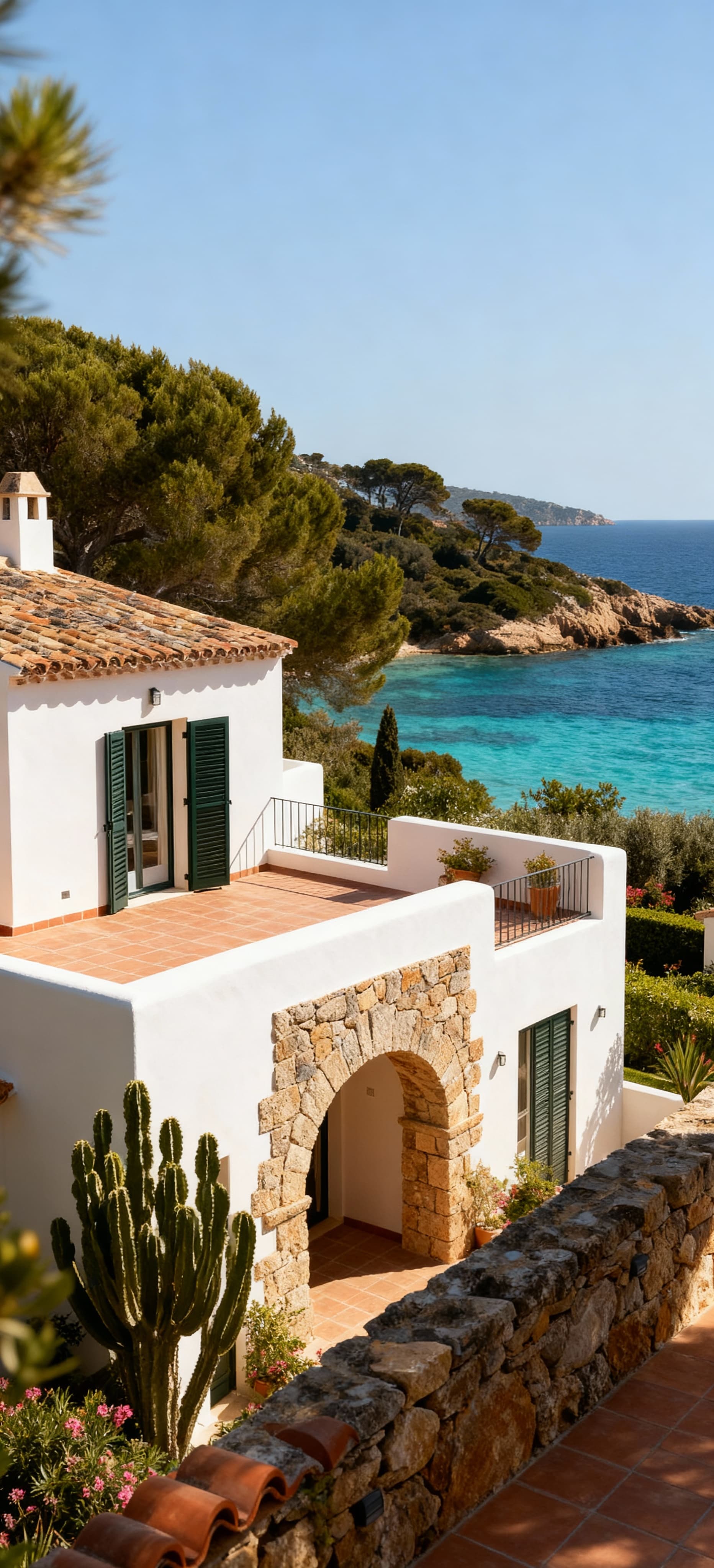 Appartamenti di lusso in vendita a Porto Cervo, circondati dalla vegetazione mediterranea e vista mare, eleganti terrazze e giardini privati.