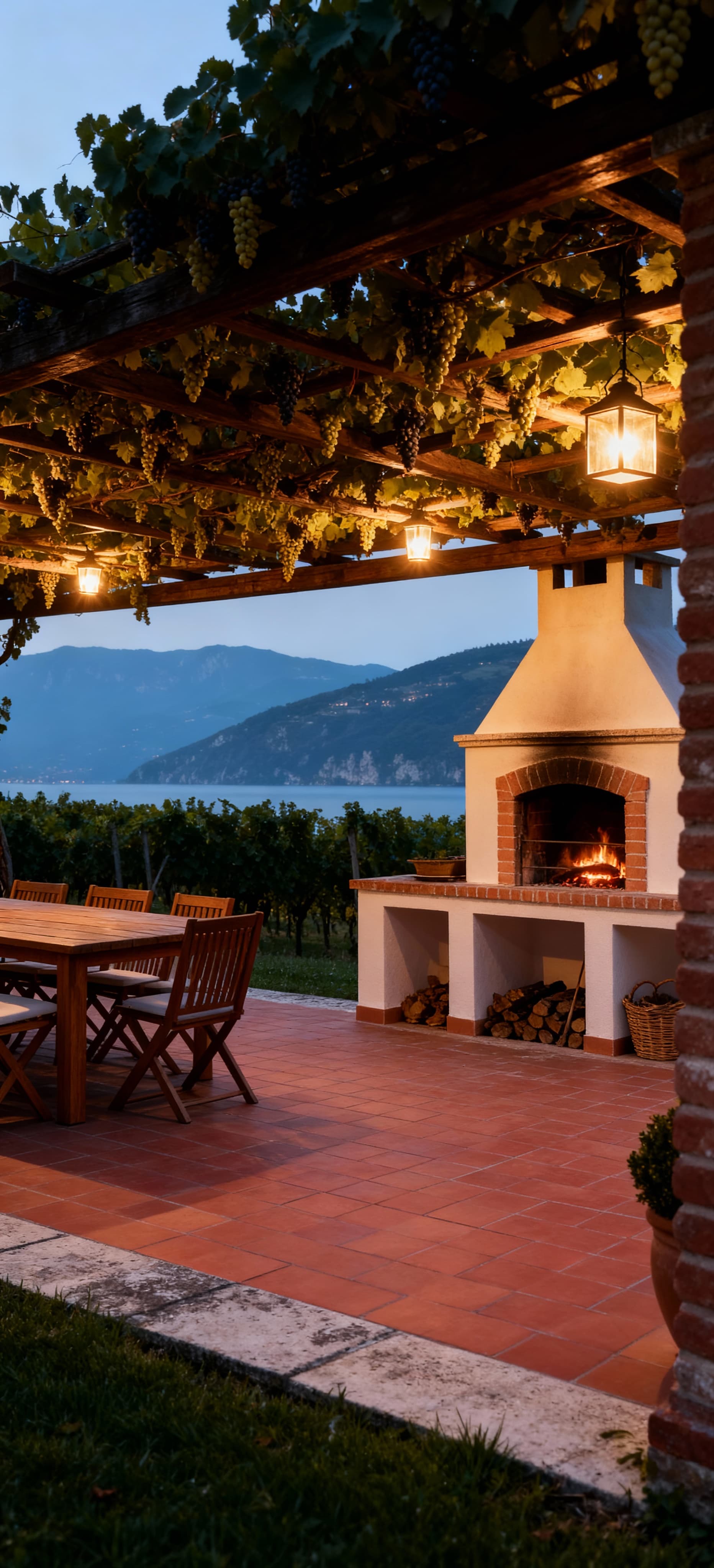 Scenic view of farms for sale in Lombardy by Lake Garda, showcasing lush vineyards and historic villages.