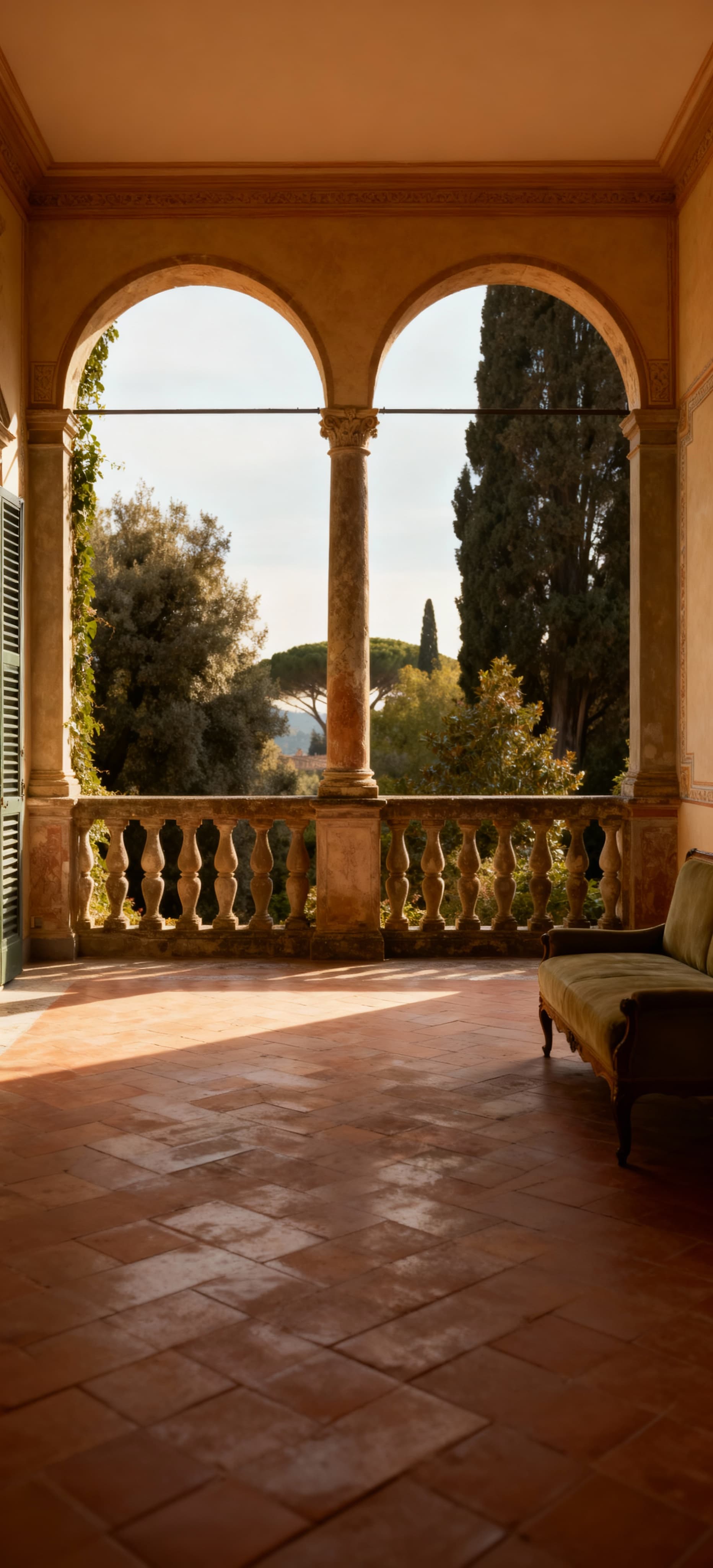 Appartamenti in villa a Firenze con eleganti spazi e dettagli rinascimentali illuminati dalla luce del mattino.