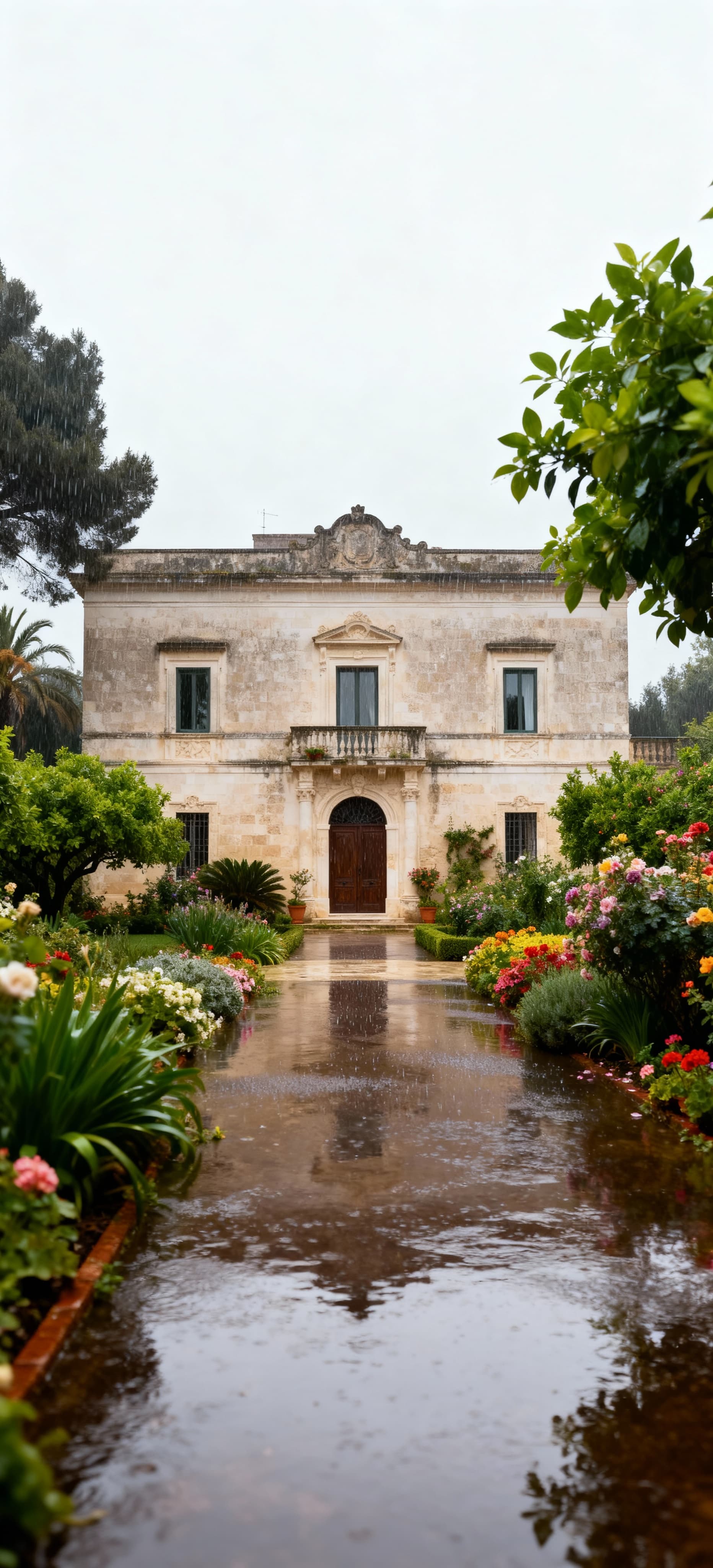 Ville in vendita in Sardegna, storica proprietà a Lecce con facciata in pietra e giardino, avvolta da pioggerellina primaverile.
