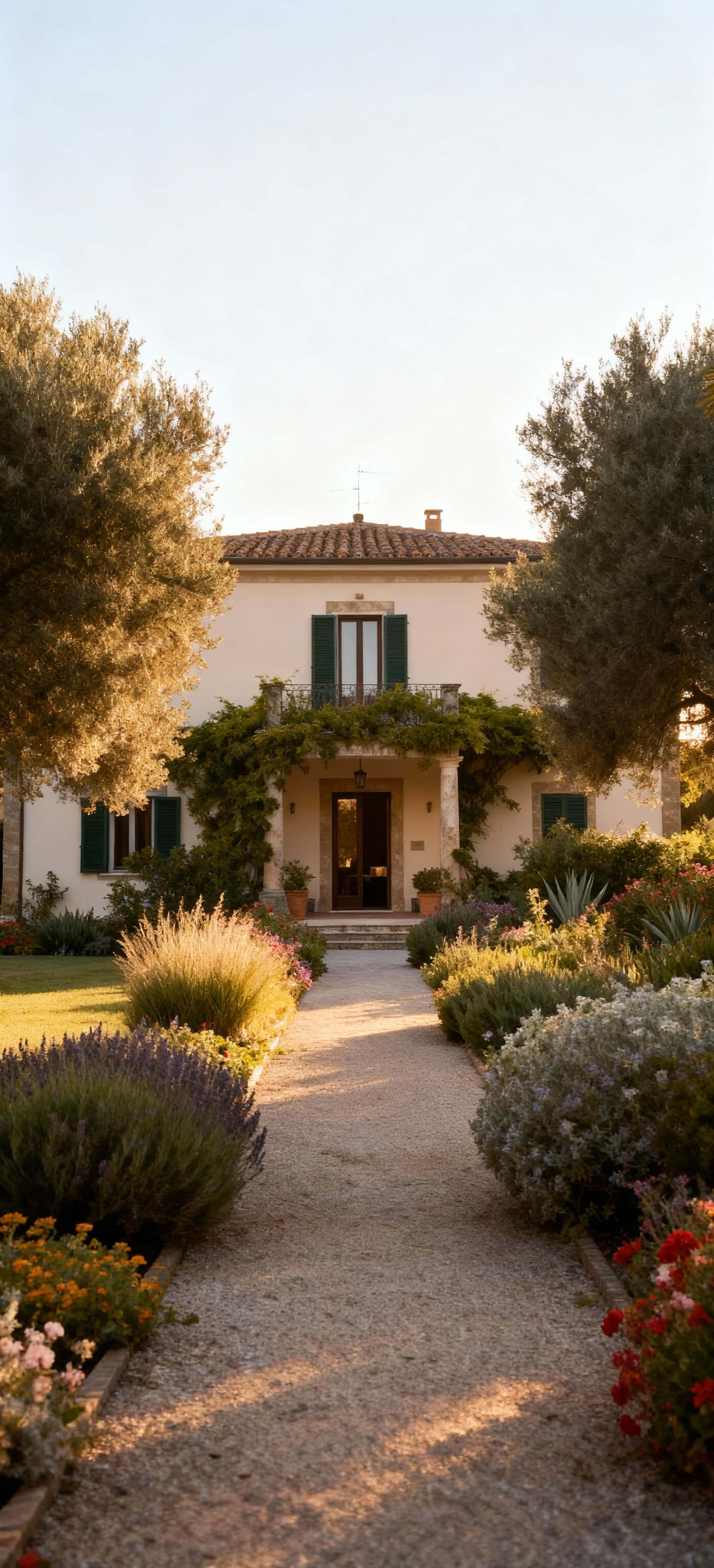 Case indipendenti immerse nel paesaggio maremmana di Grosseto, con giardini fioriti e luce del mattino che crea serenità.