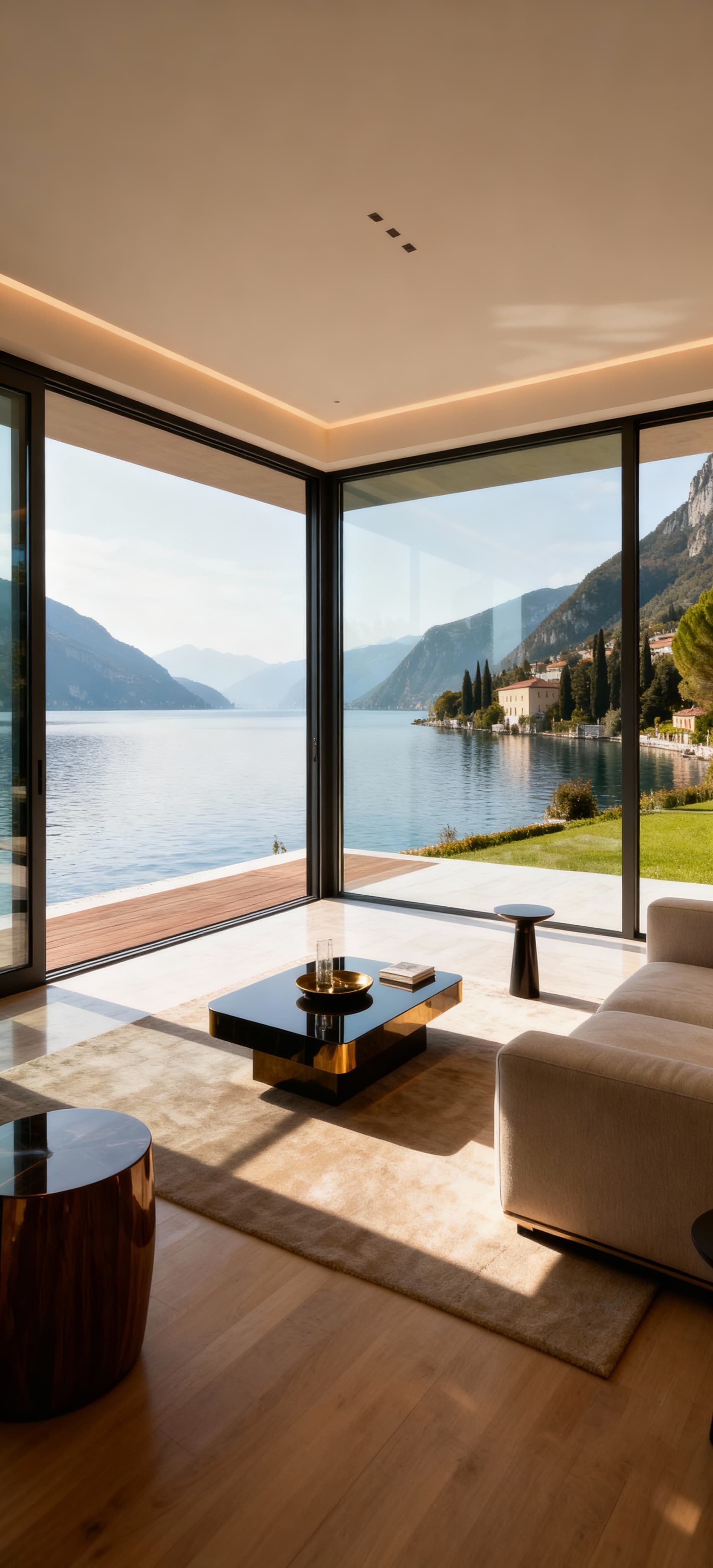 Luxury apartments for sale at Lake Garda, featuring modern design and stunning sunset views in a vibrant cultural setting.