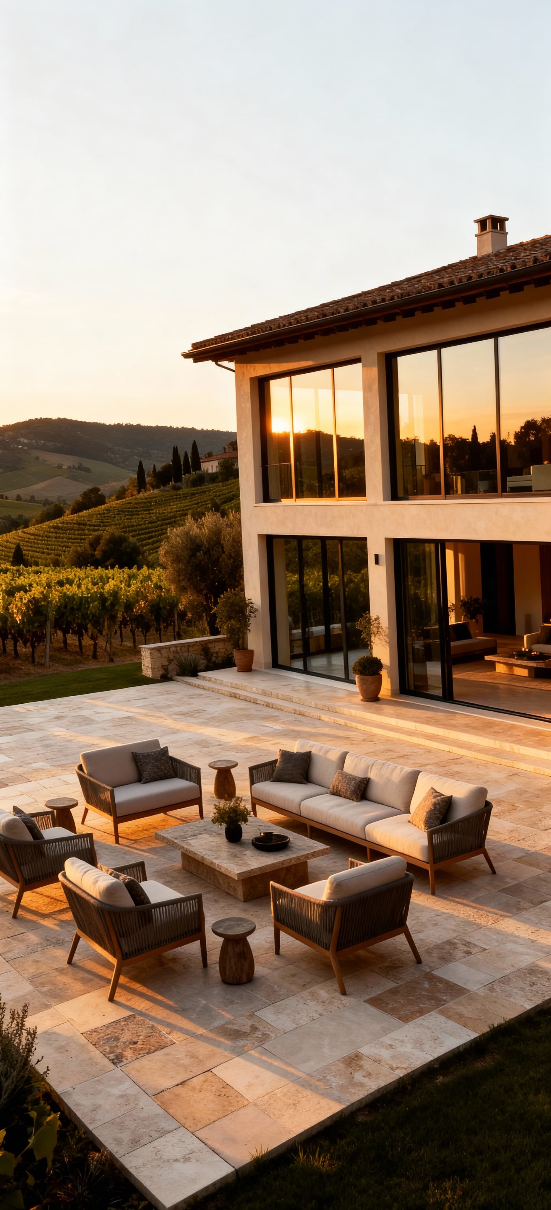 Appartamenti di lusso in vendita in Toscana, villa con ampie vetrate e patio affacciato su vigneti e colline.