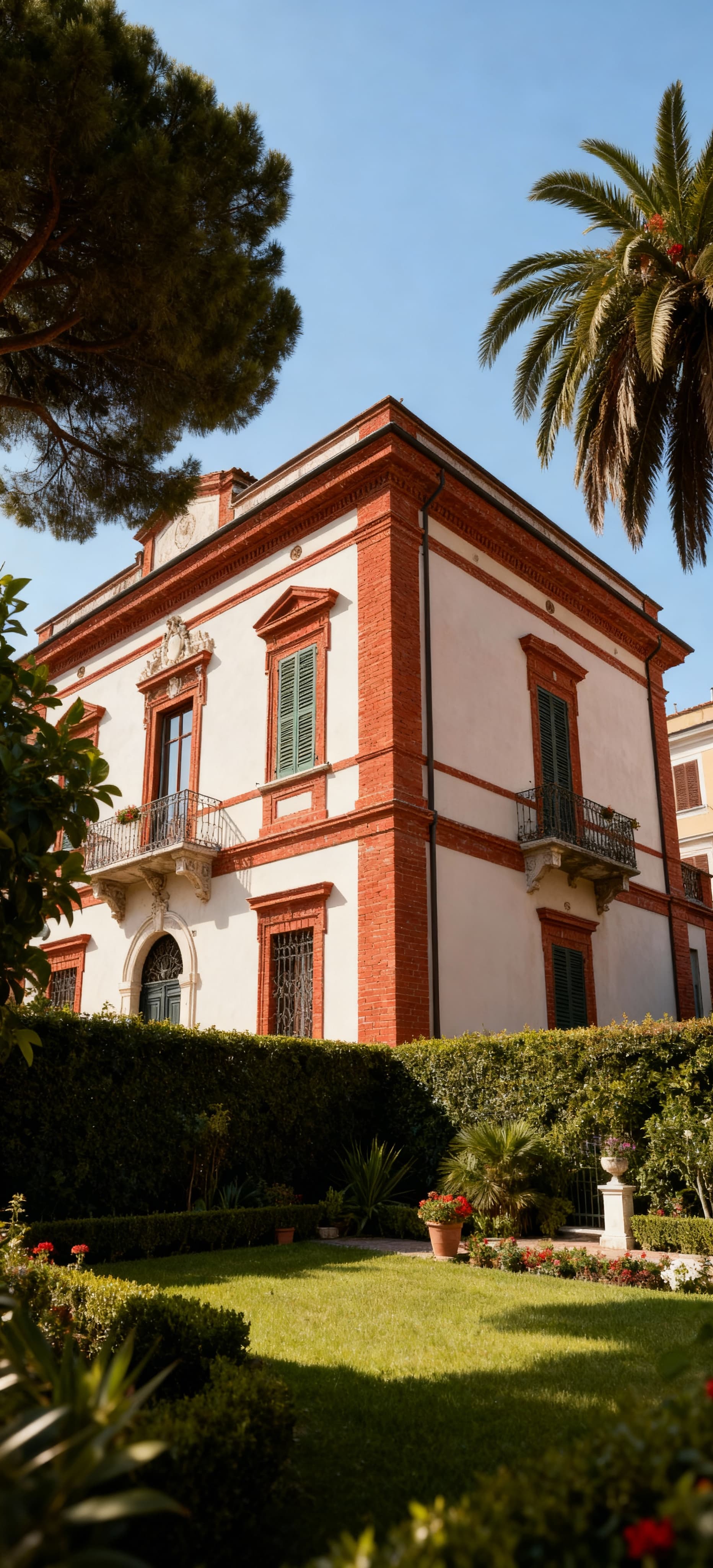 Case semindipendenti nel centro di Livorno, con mattoni rossi e dettagli chiari, circondate da alberi e giardini curati.