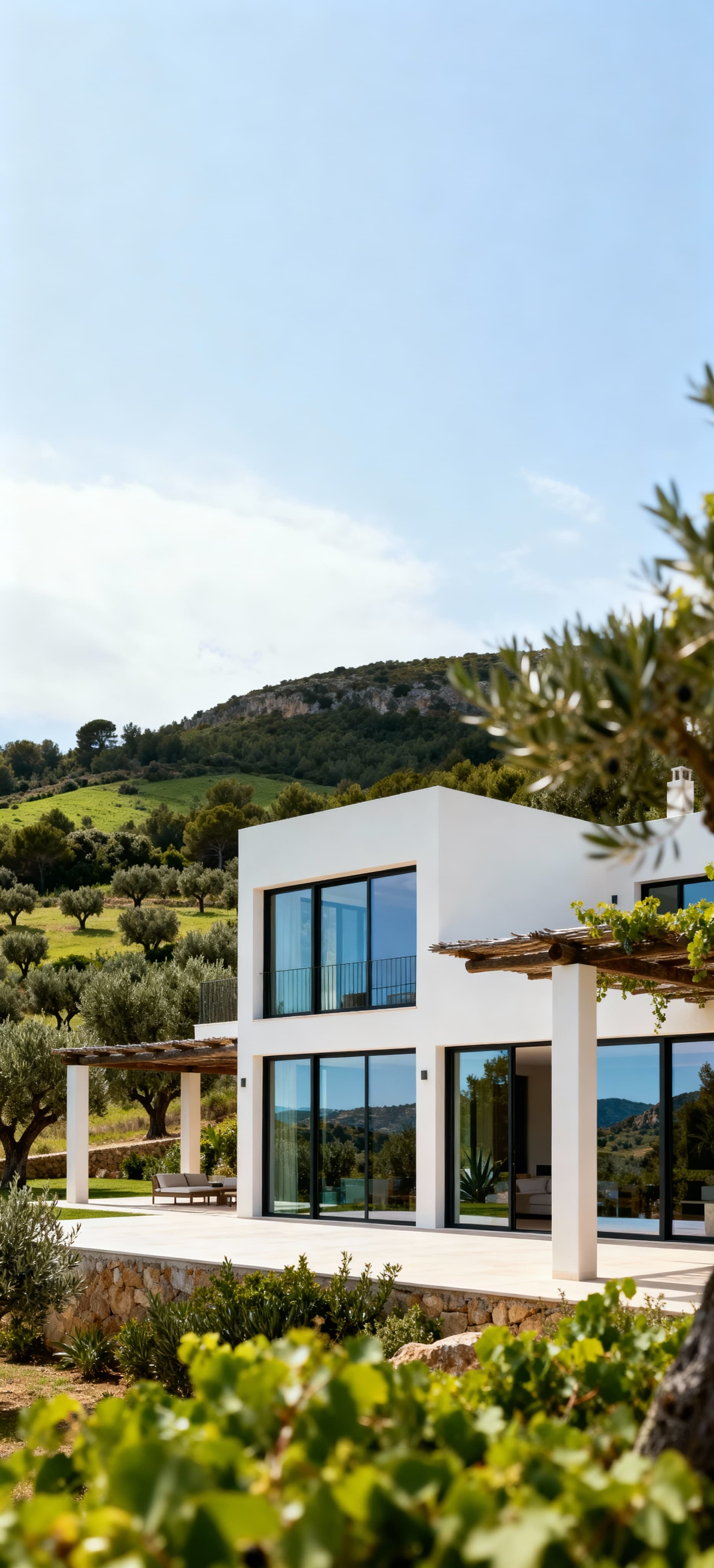 Luxury homes for sale in Ibiza's countryside, surrounded by olive groves and serene hilltop views.