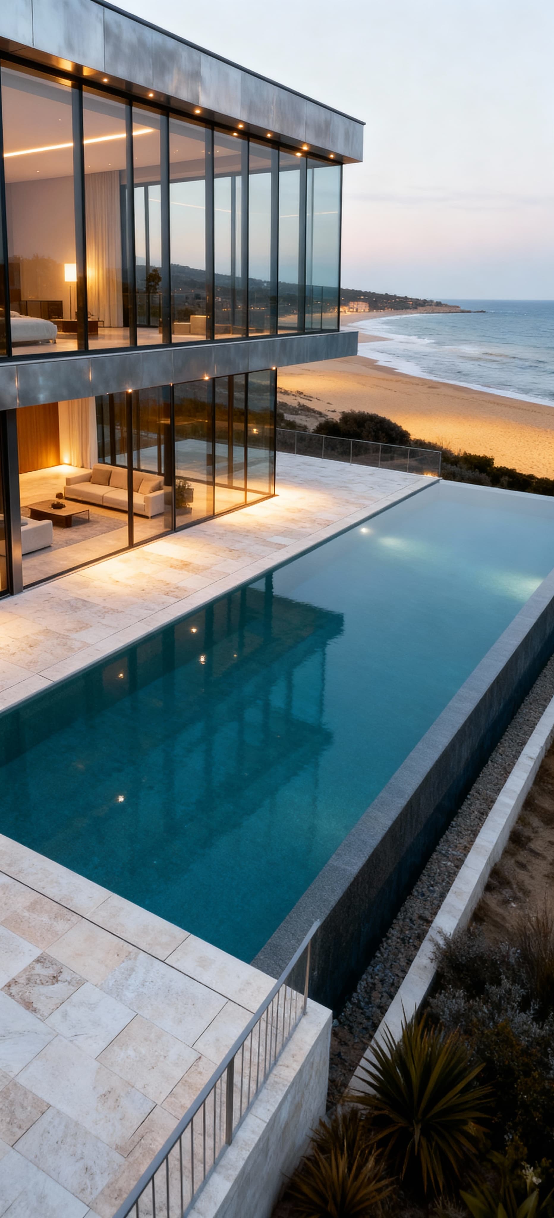 Immobile di lusso a Fermo, vista su spiagge dorate, moderna facciata in vetro e acciaio, piscina panoramica e pavimentazione chiara.