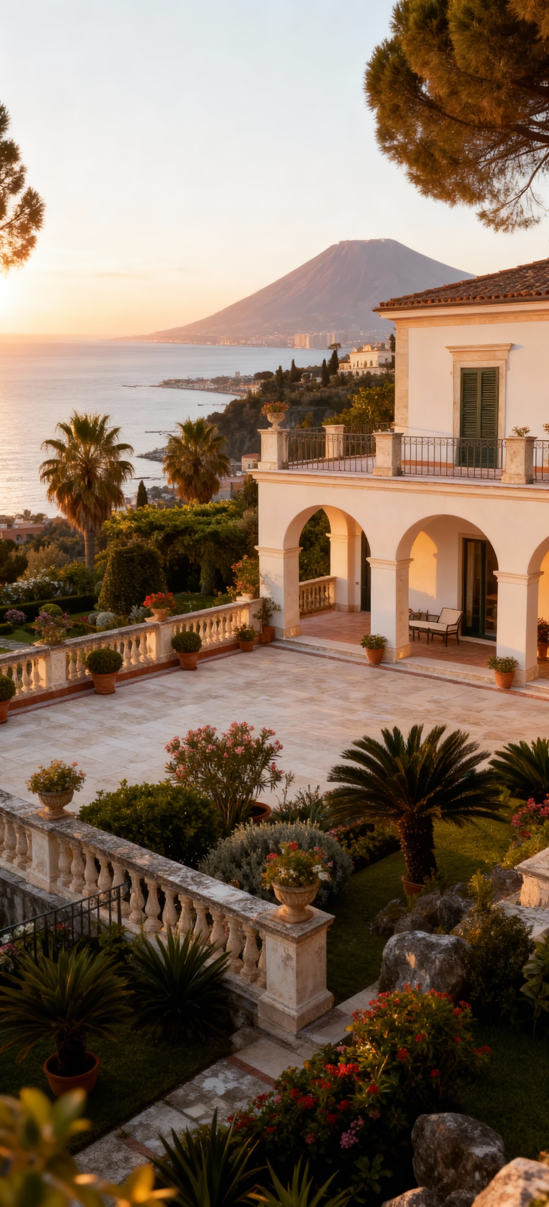 Luxury villas for sale in Naples, overlooking the sea with stunning views of Vesuvius and the Gulf, featuring gardens and terraces.