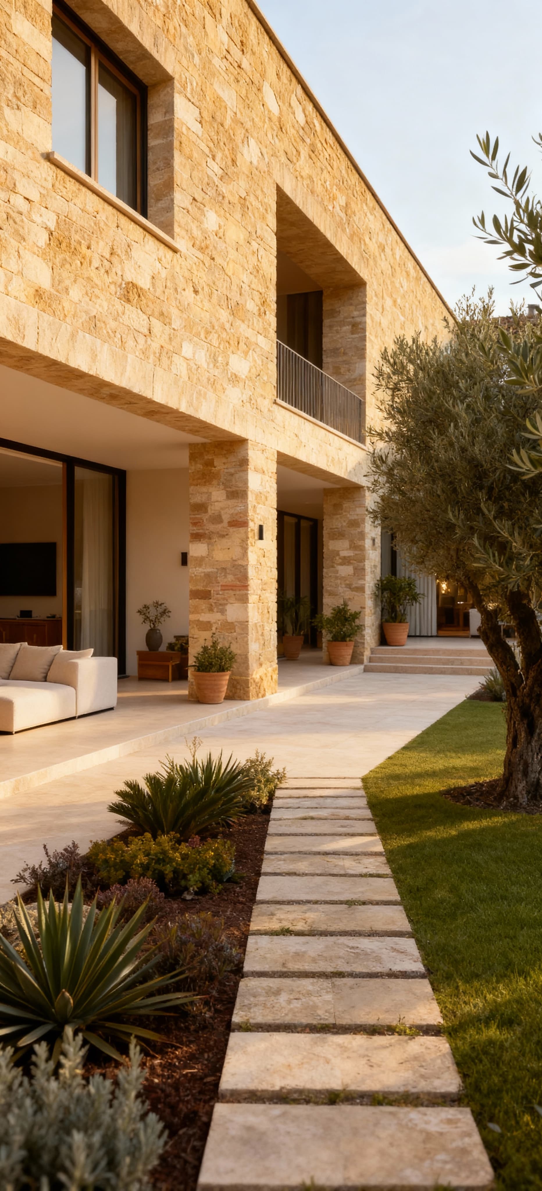 Villa di lusso in vendita a Fermo, architettura moderna in pietra locale, giardino mediterraneo e cielo sereno.
