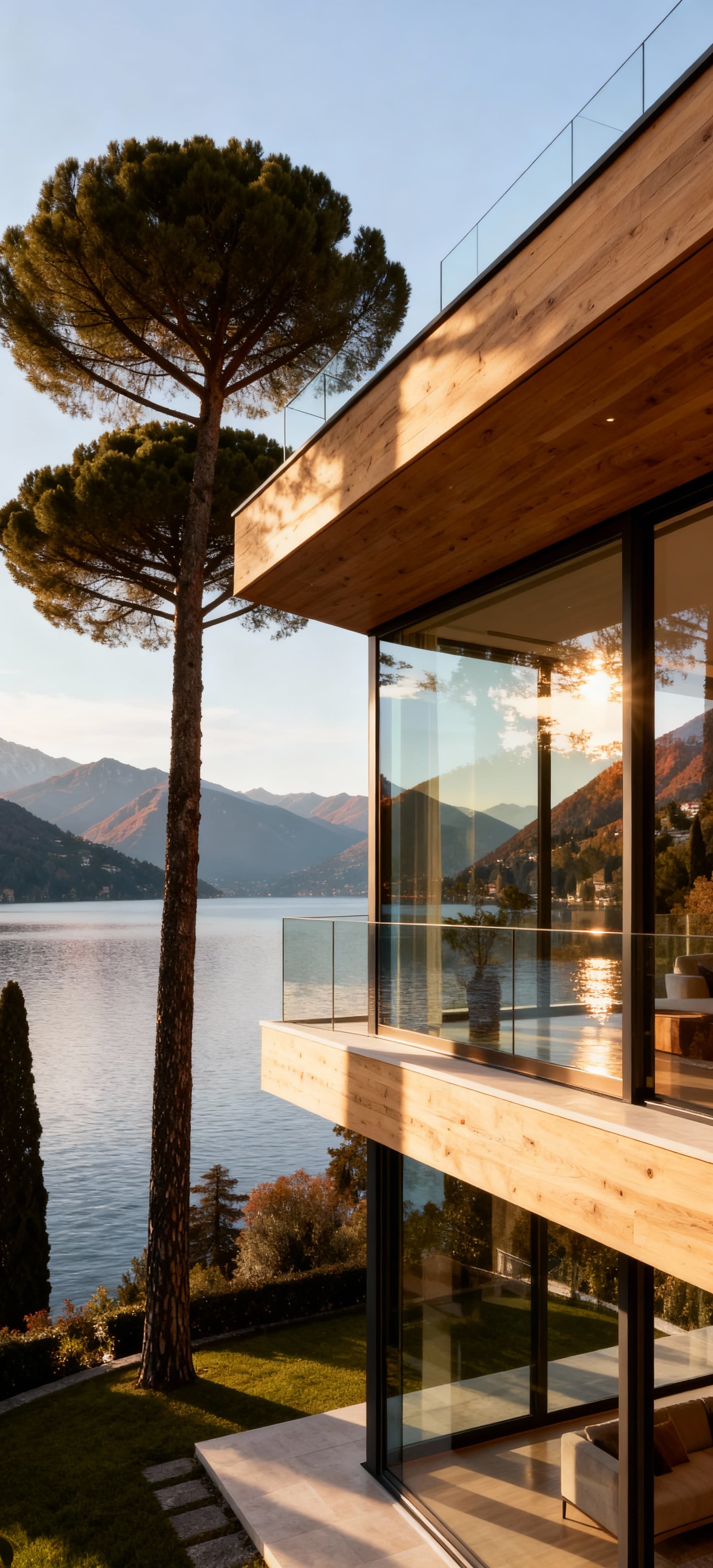 Elegant penthouses for sale at Lake Maggiore, featuring stunning lake views and large windows in breathtaking natural scenery.