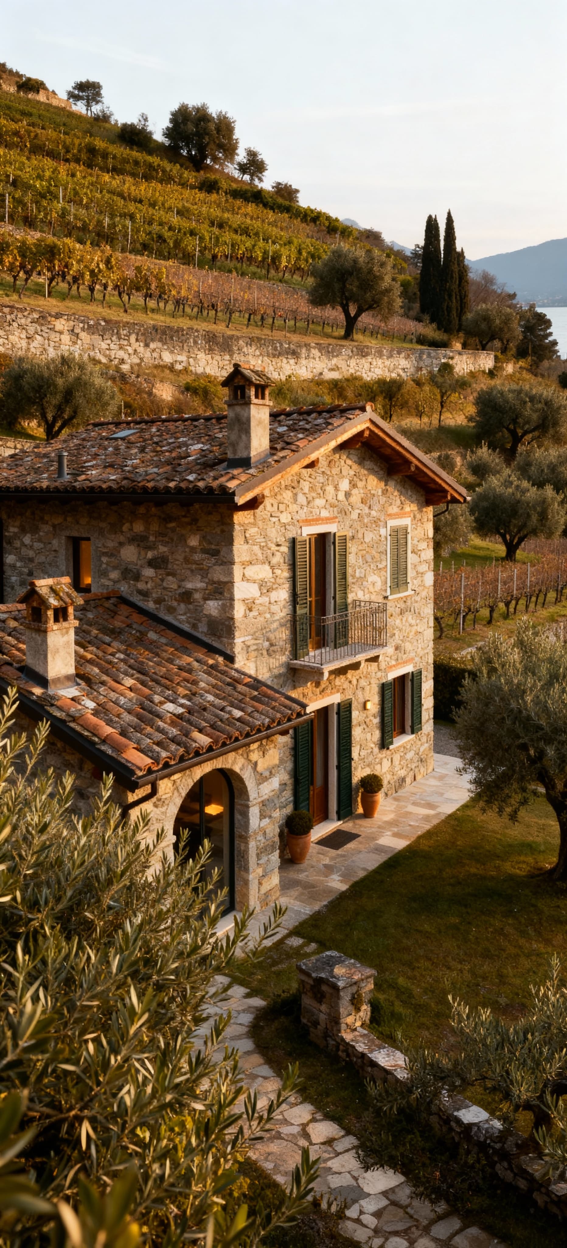 Rustic farmhouses for sale at Lake Maggiore, nestled amidst vineyards and olive groves, perfect for country living tranquility.