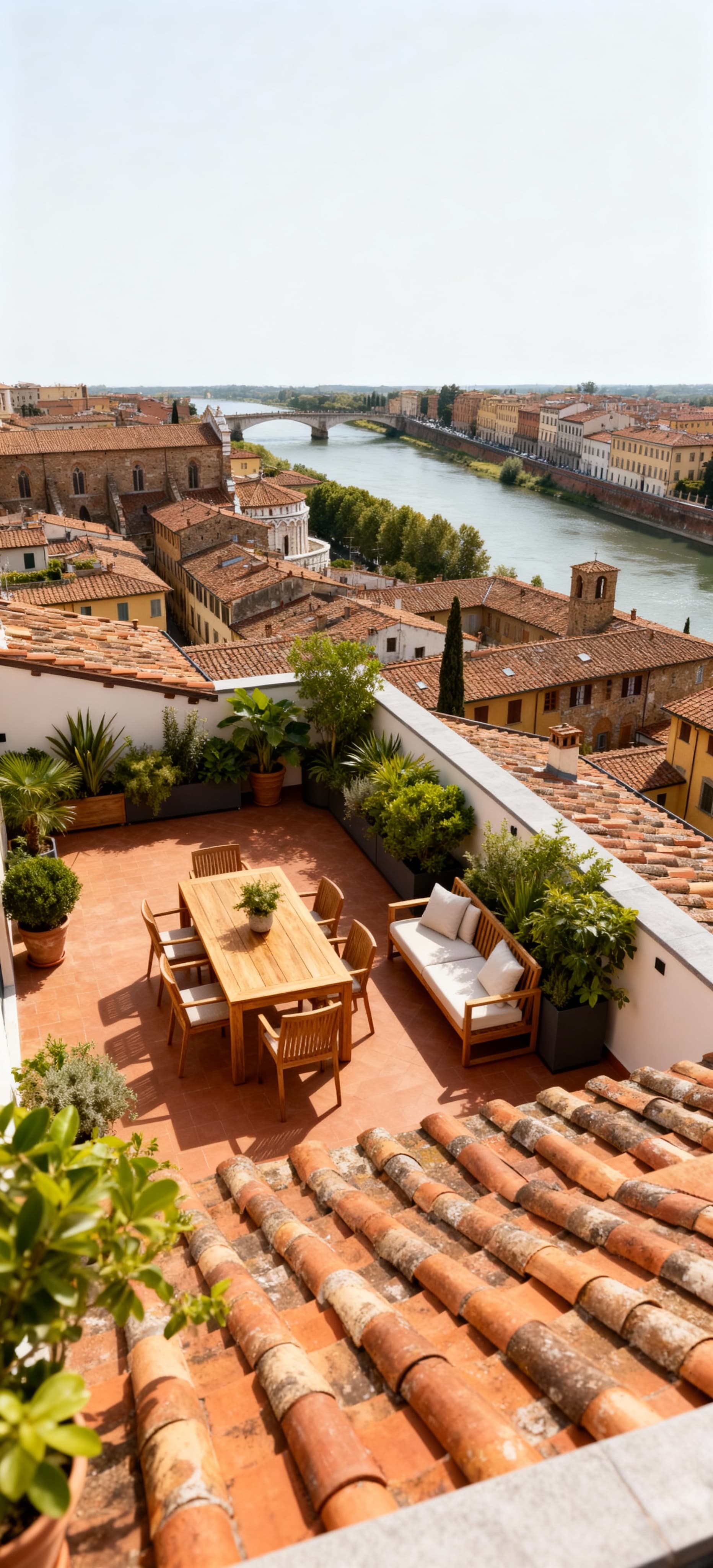 Luxury penthouses for sale in Pisa city center, featuring panoramic terraces with views of the Arno River and medieval rooftops.